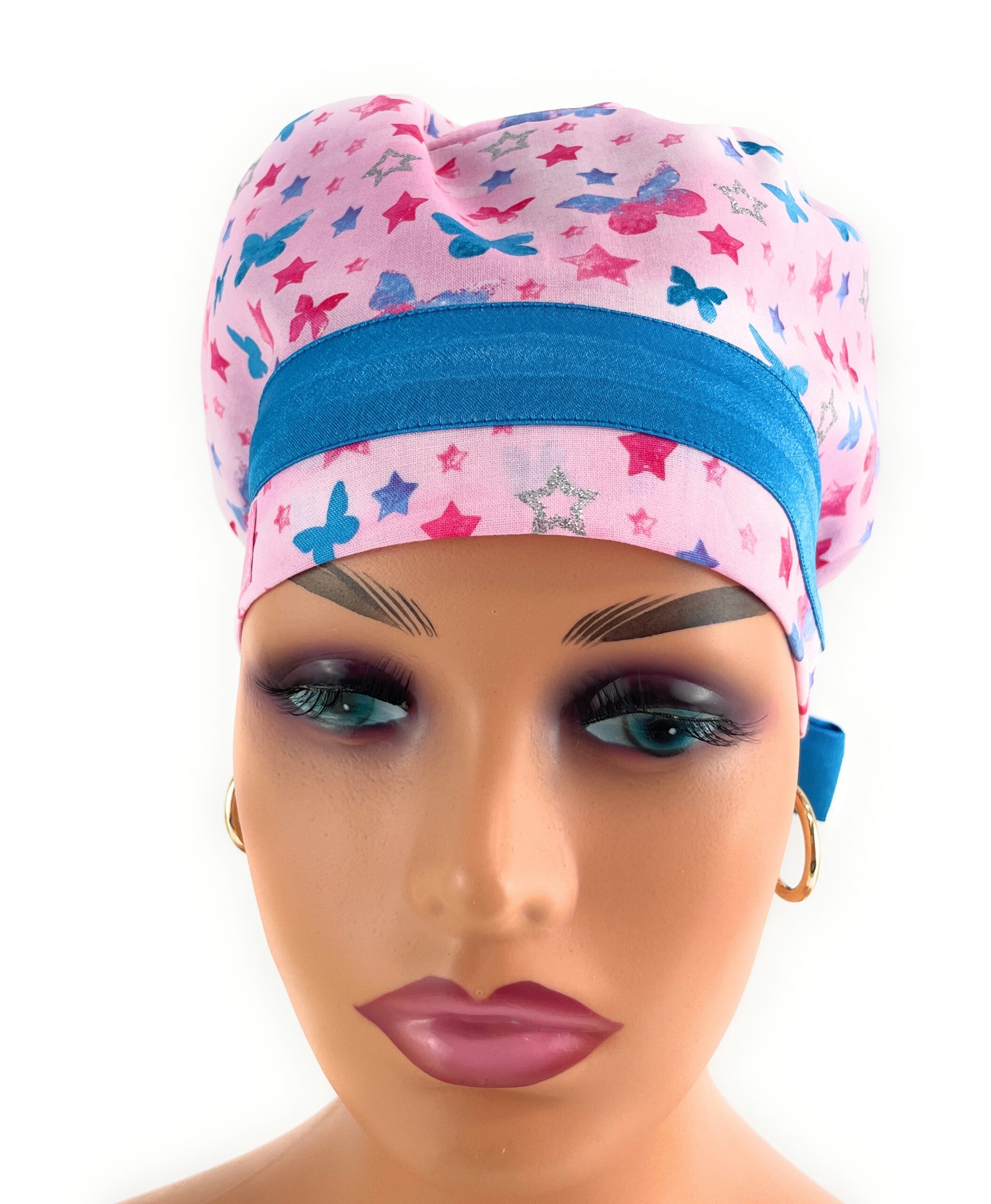 European Style Scrub Cap – (Sateen Ribbon) (No Ribbon) - Glitter Stars & Butterflies - Image 3