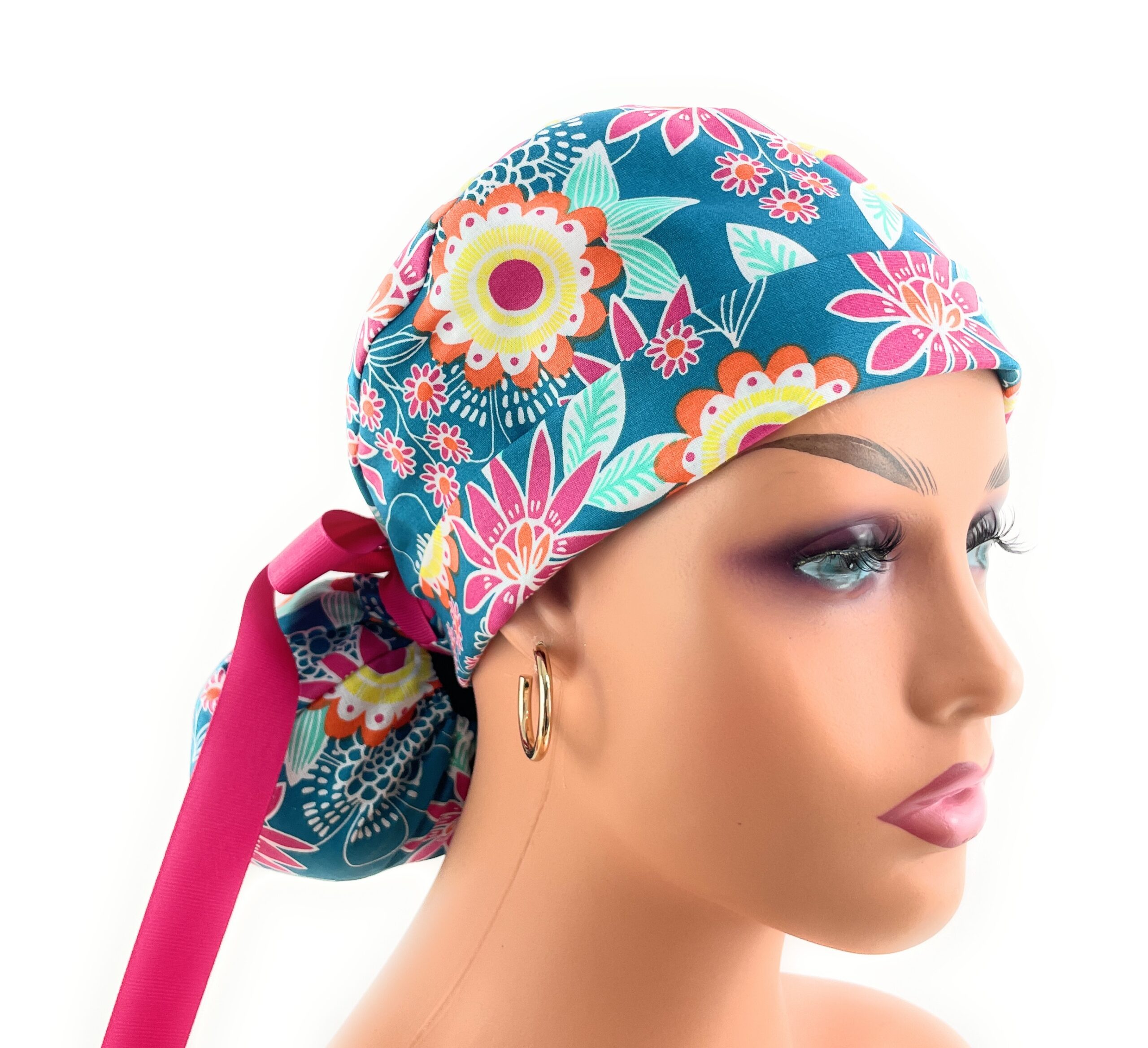 Turn Up Ponytail Medical Scrub Cap - Multicolor Flowers in Blue