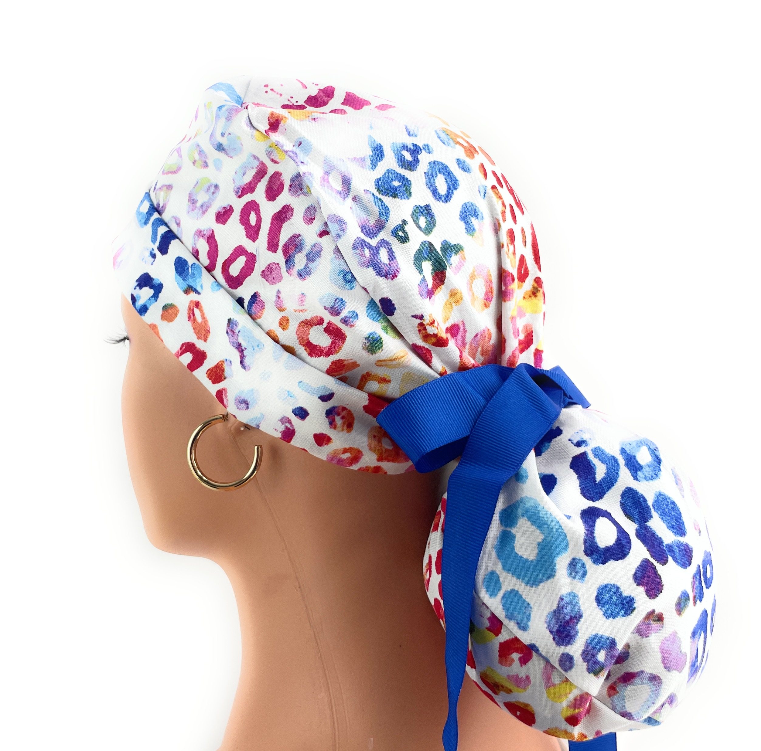 Turn Up Ponytail Medical Scrub Cap - Colorful Cheetah Prints - Image 7