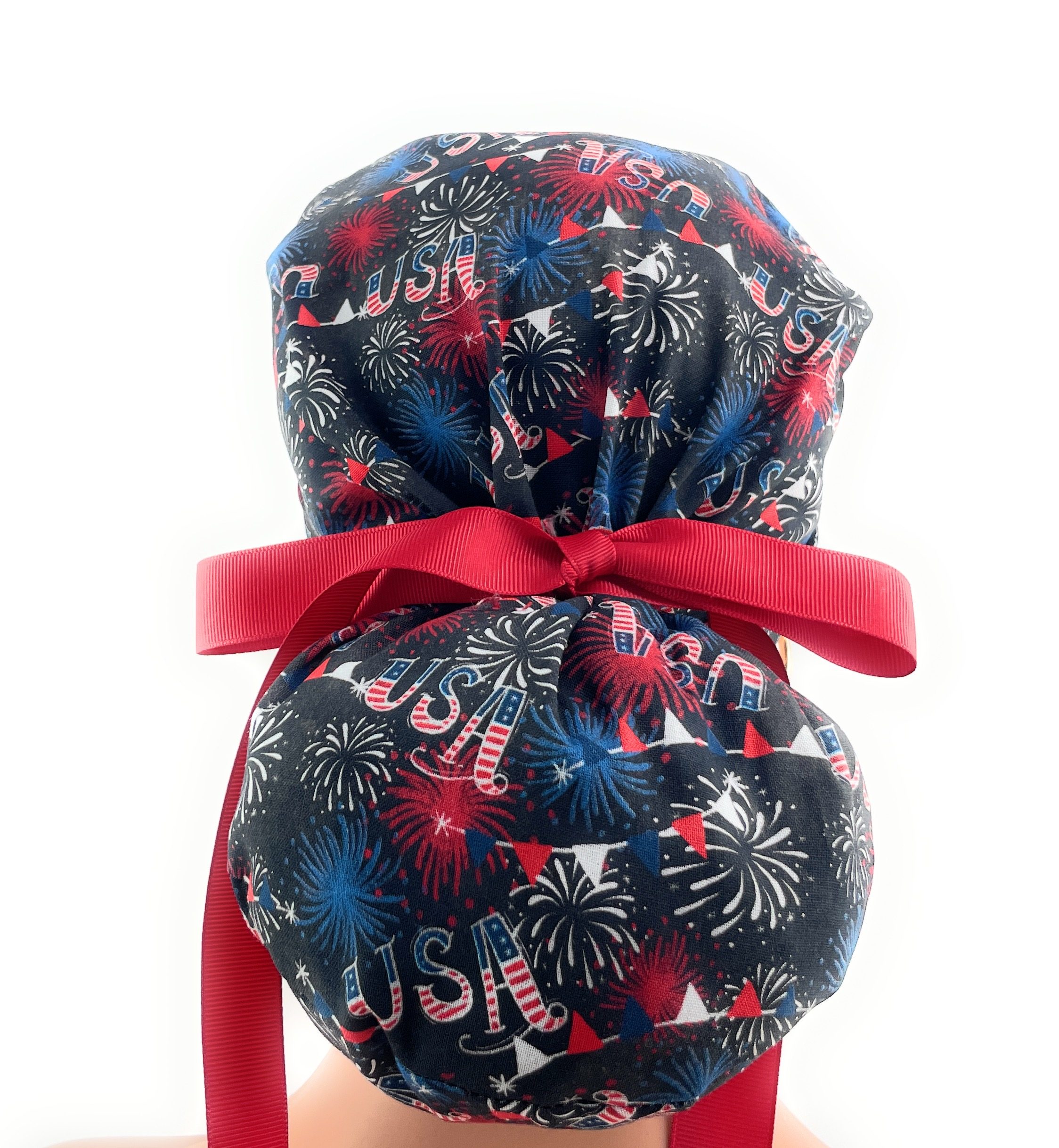 Turn Up Ponytail Medical Scrub Cap - Love USA Flags - Image 5