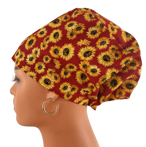 European Style Scrub Cap – (Grosgrain Ribbon) - (No Ribbon) - Sunflowers On Burgundy - Image 19