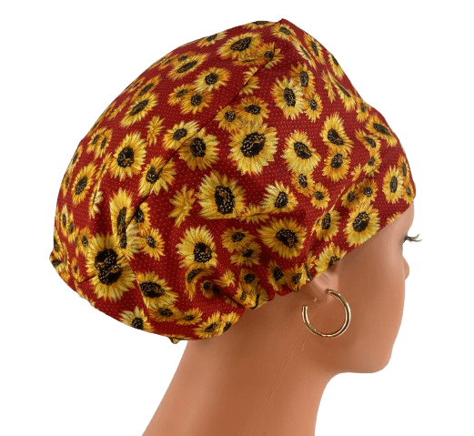 European Style Scrub Cap – (Grosgrain Ribbon) - (No Ribbon) - Sunflowers On Burgundy - Image 16