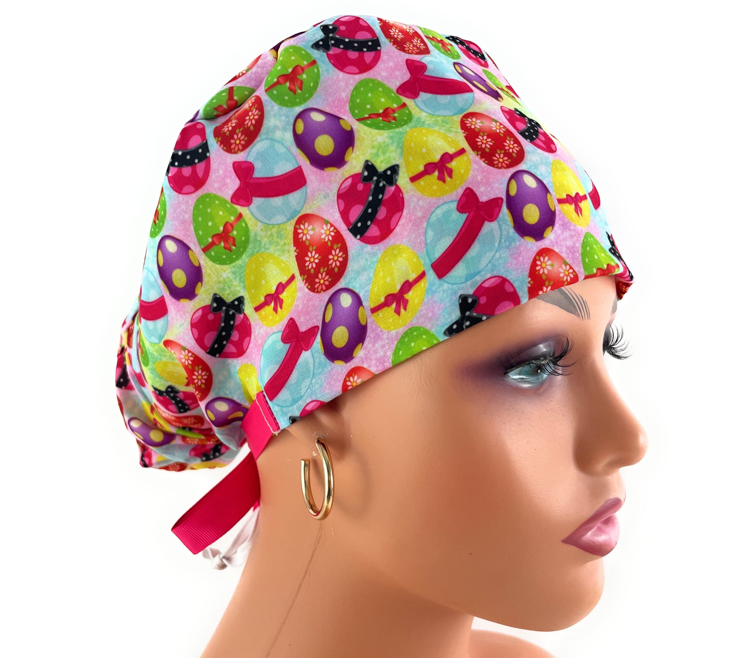 Double Sided Ponytail Medical Scrub Cap - Bunny Tails Easter Egg