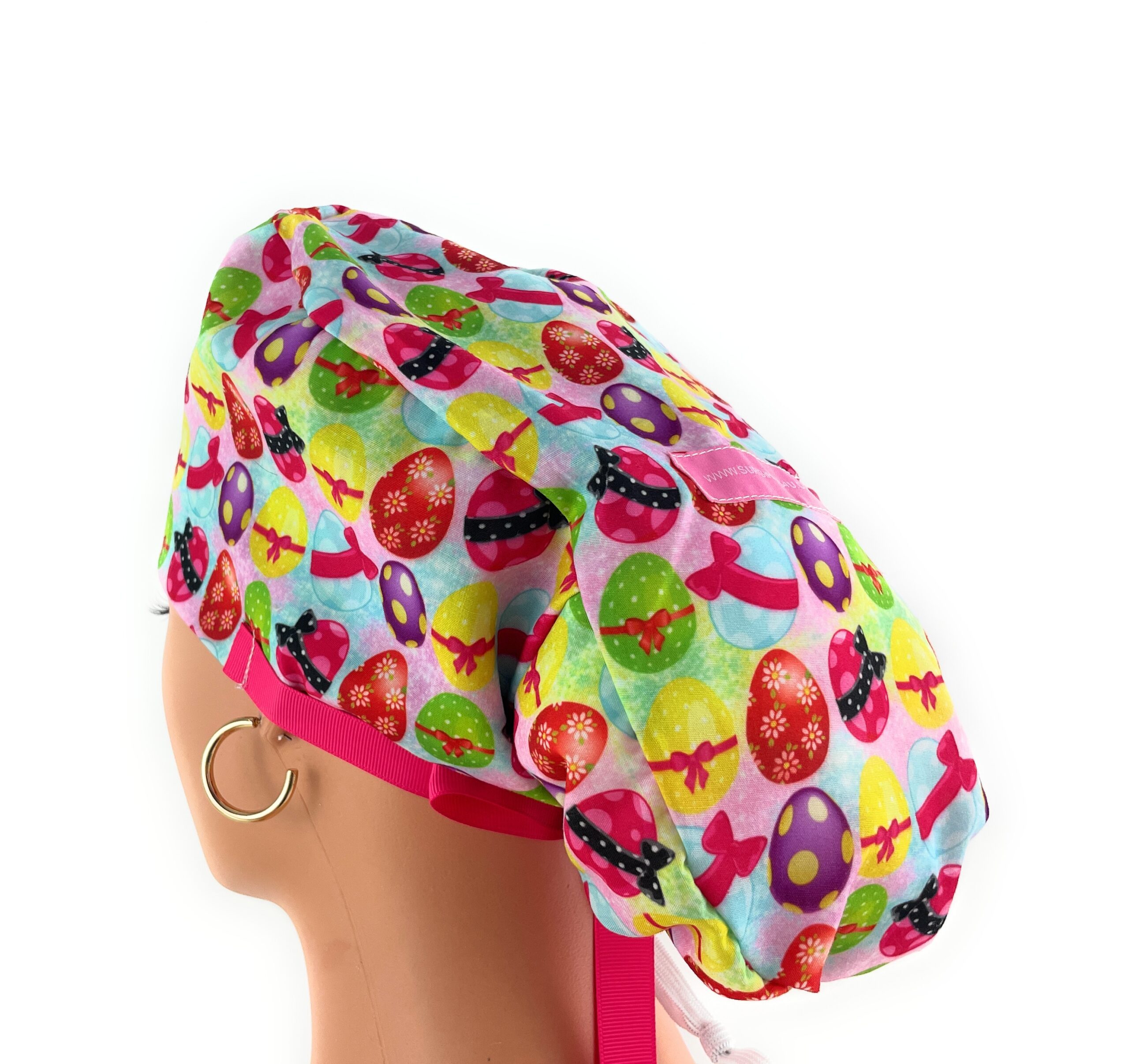 Double Sided Ponytail Medical Scrub Cap - Bunny Tails Easter Egg - Image 9