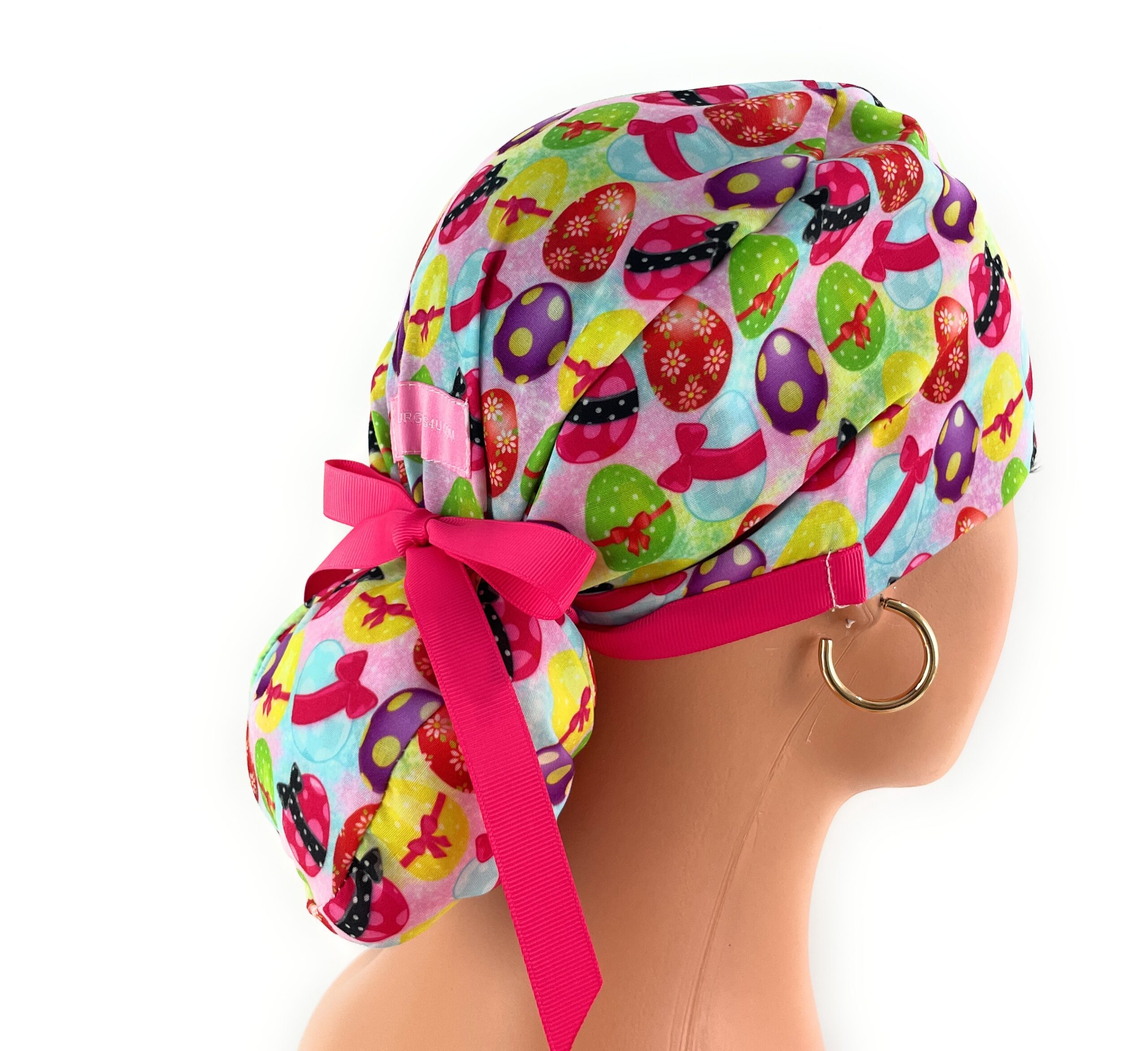 Double Sided Ponytail Medical Scrub Cap - Bunny Tails Easter Egg - Image 10