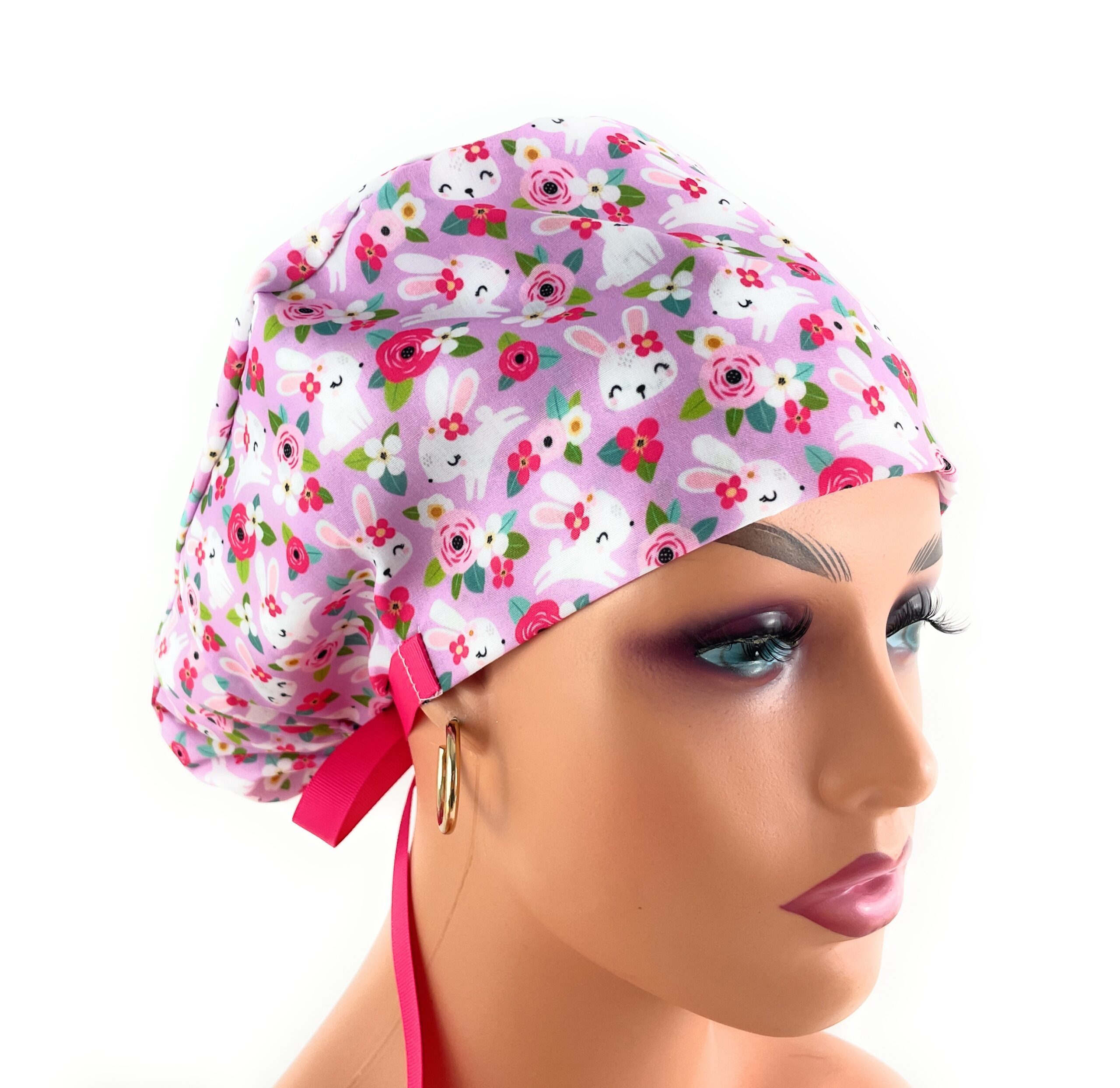 Double Sided Ponytail Medical Scrub Cap – Hoppy Hunting - Floral Bunny