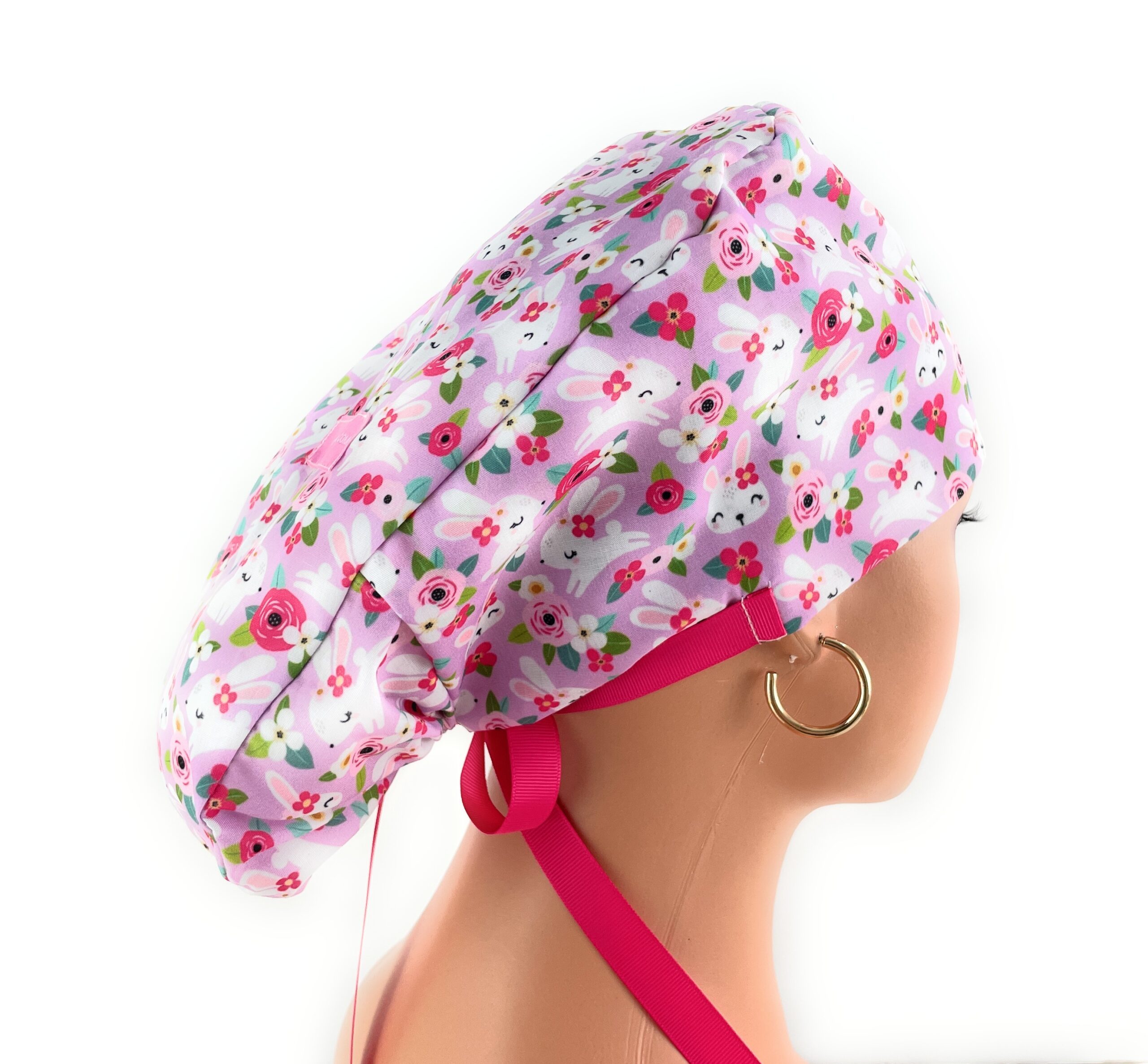Double Sided Ponytail Medical Scrub Cap – Hoppy Hunting - Floral Bunny - Image 5
