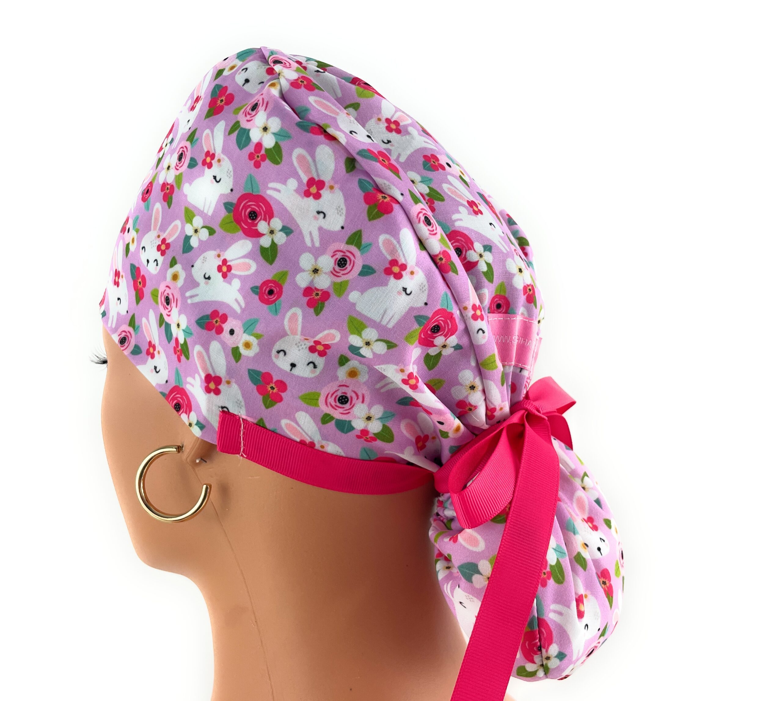 Double Sided Ponytail Medical Scrub Cap – Hoppy Hunting - Floral Bunny - Image 10