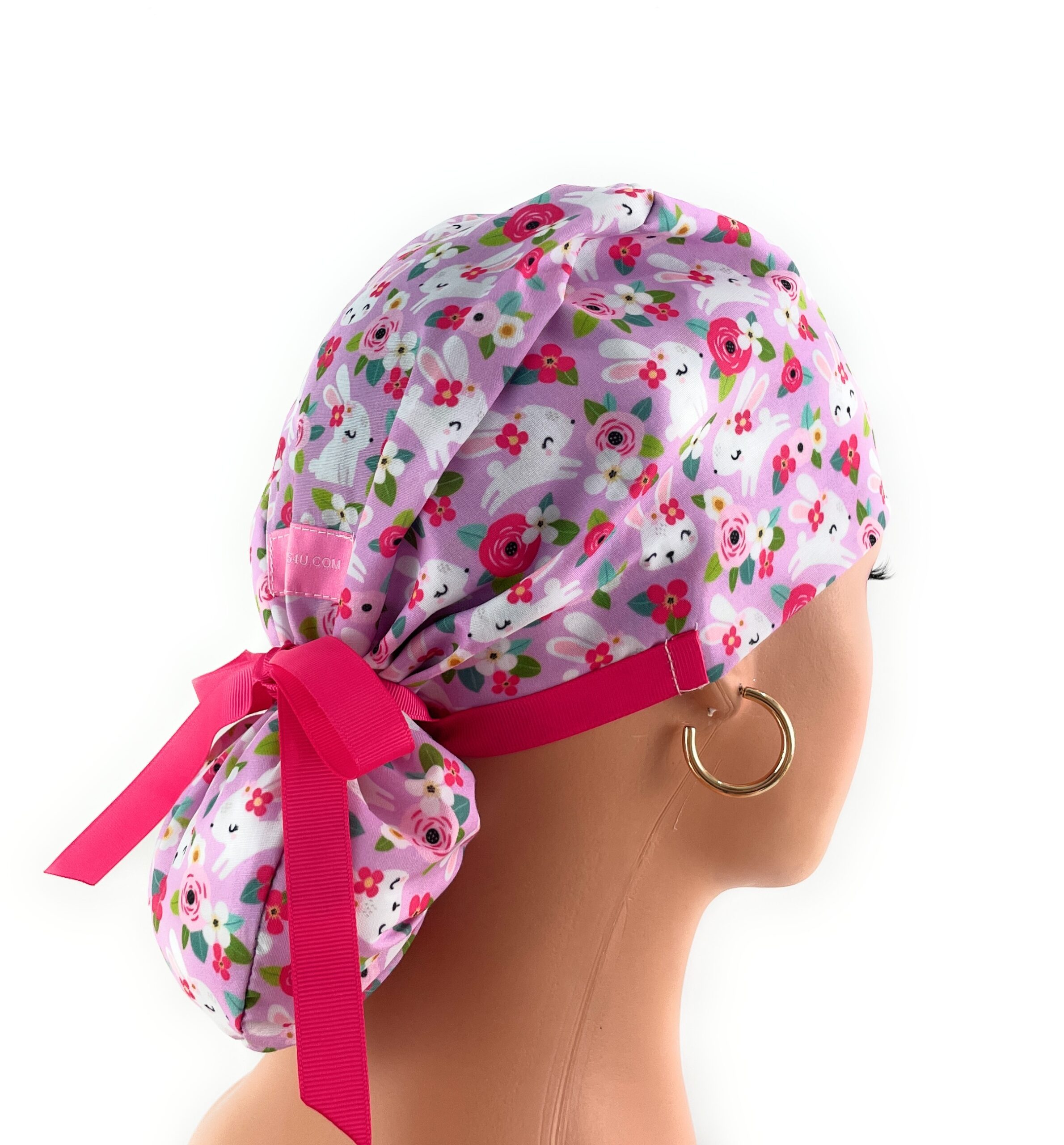 Double Sided Ponytail Medical Scrub Cap – Hoppy Hunting - Floral Bunny - Image 8
