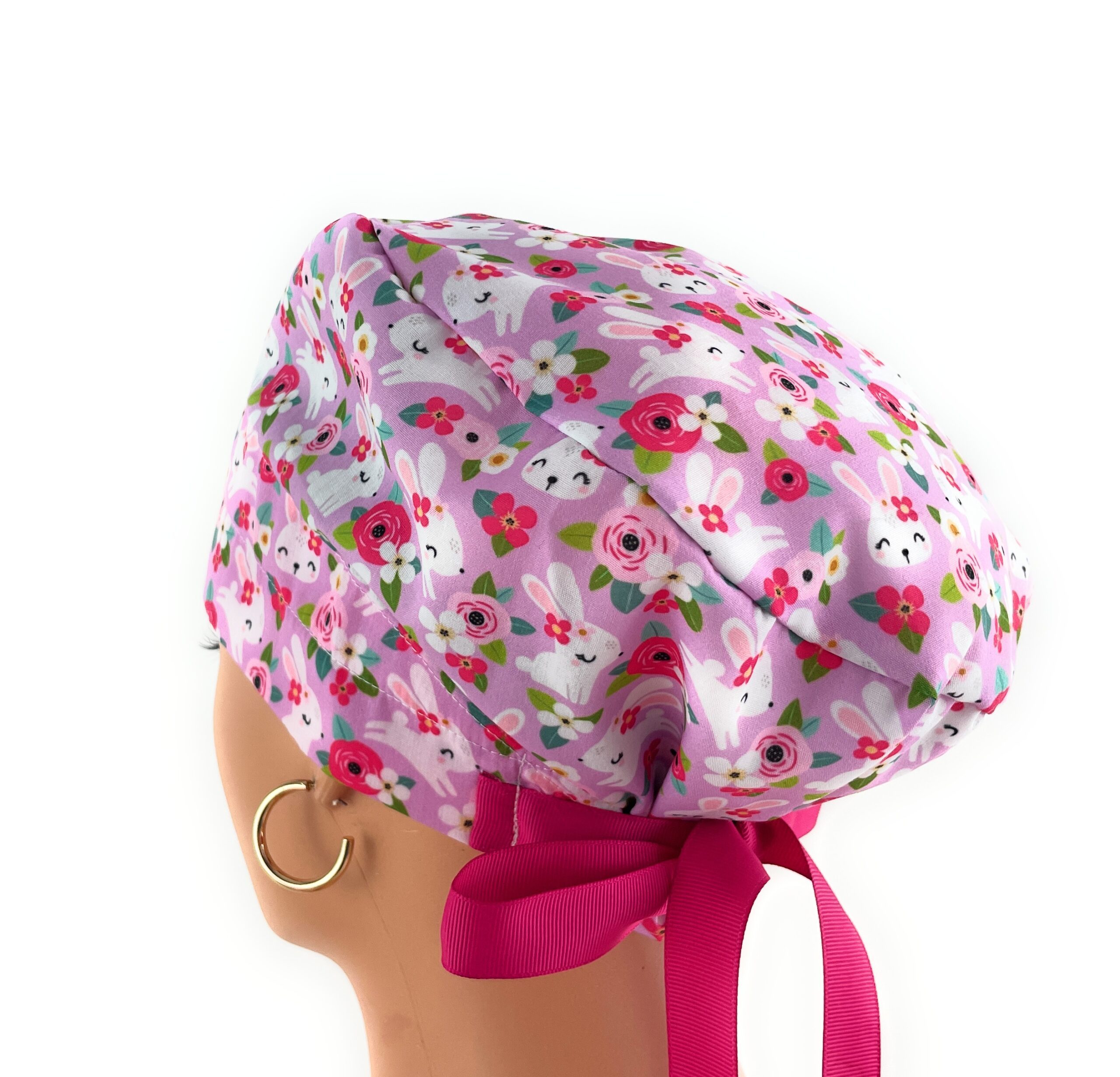 European Style Scrub Cap – (Grosgrain Ribbon) - Hoppy Hunting - Floral Bunny - Image 12