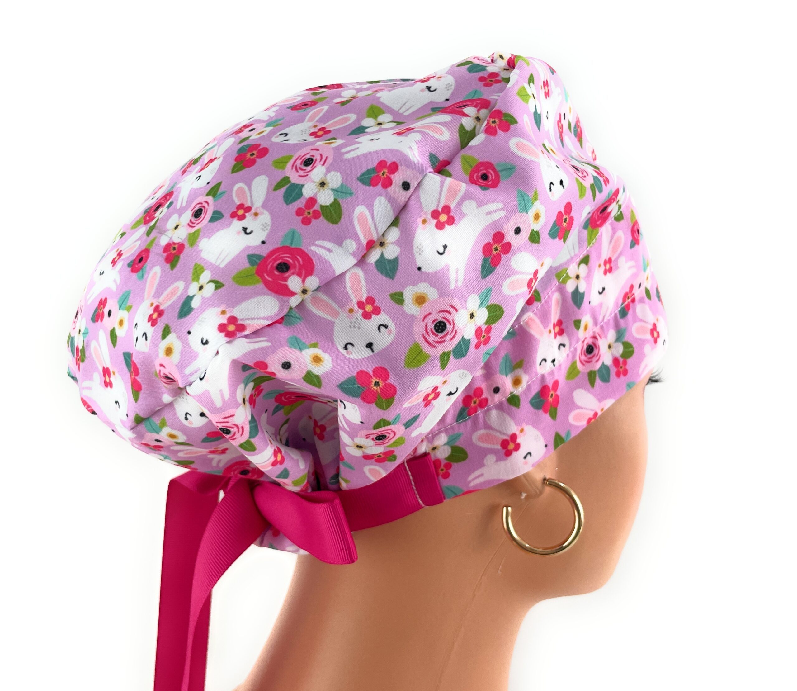 European Style Scrub Cap – (Grosgrain Ribbon) - Hoppy Hunting - Floral Bunny - Image 9