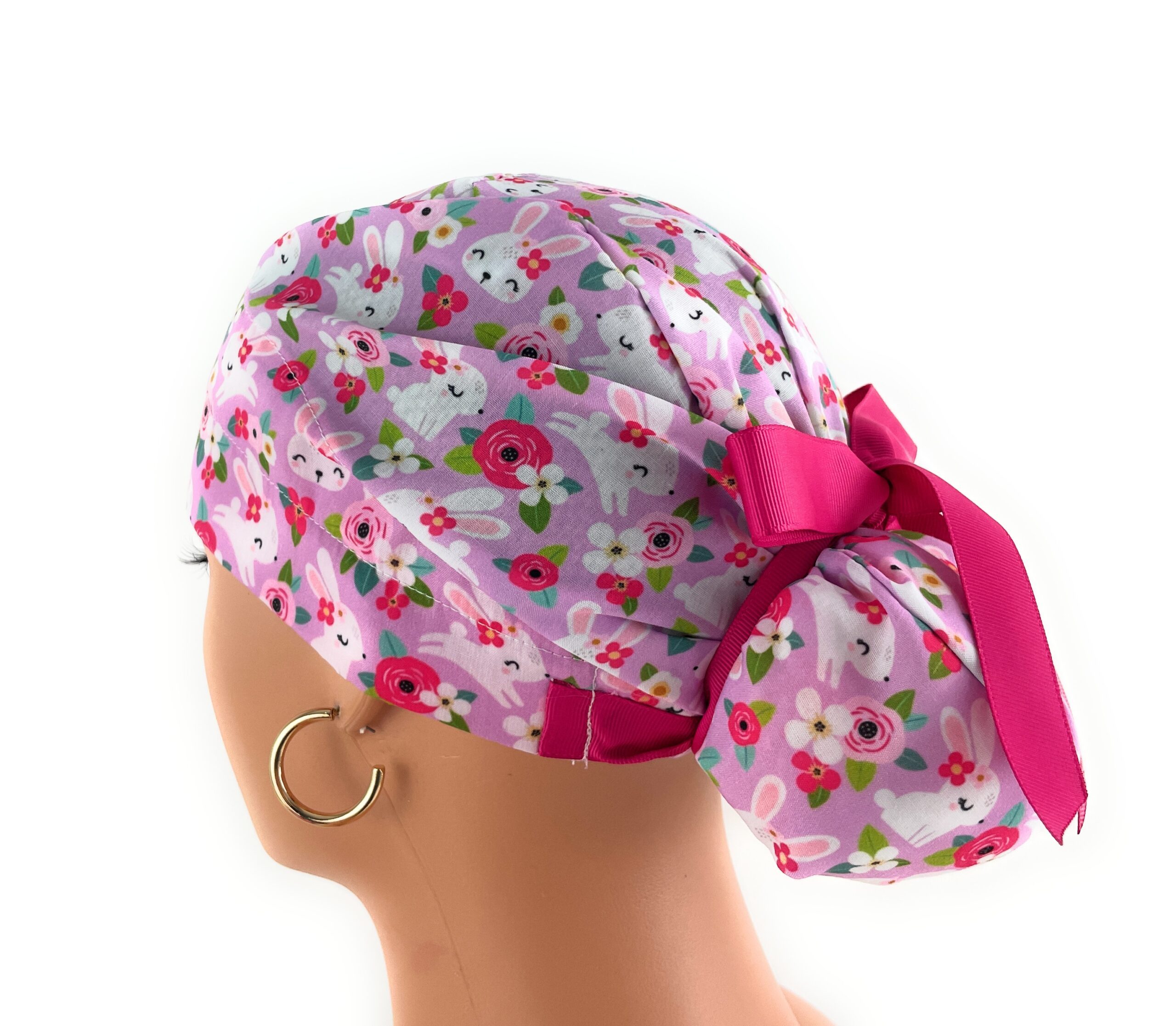 European Style Scrub Cap – (Grosgrain Ribbon) - Hoppy Hunting - Floral Bunny - Image 8