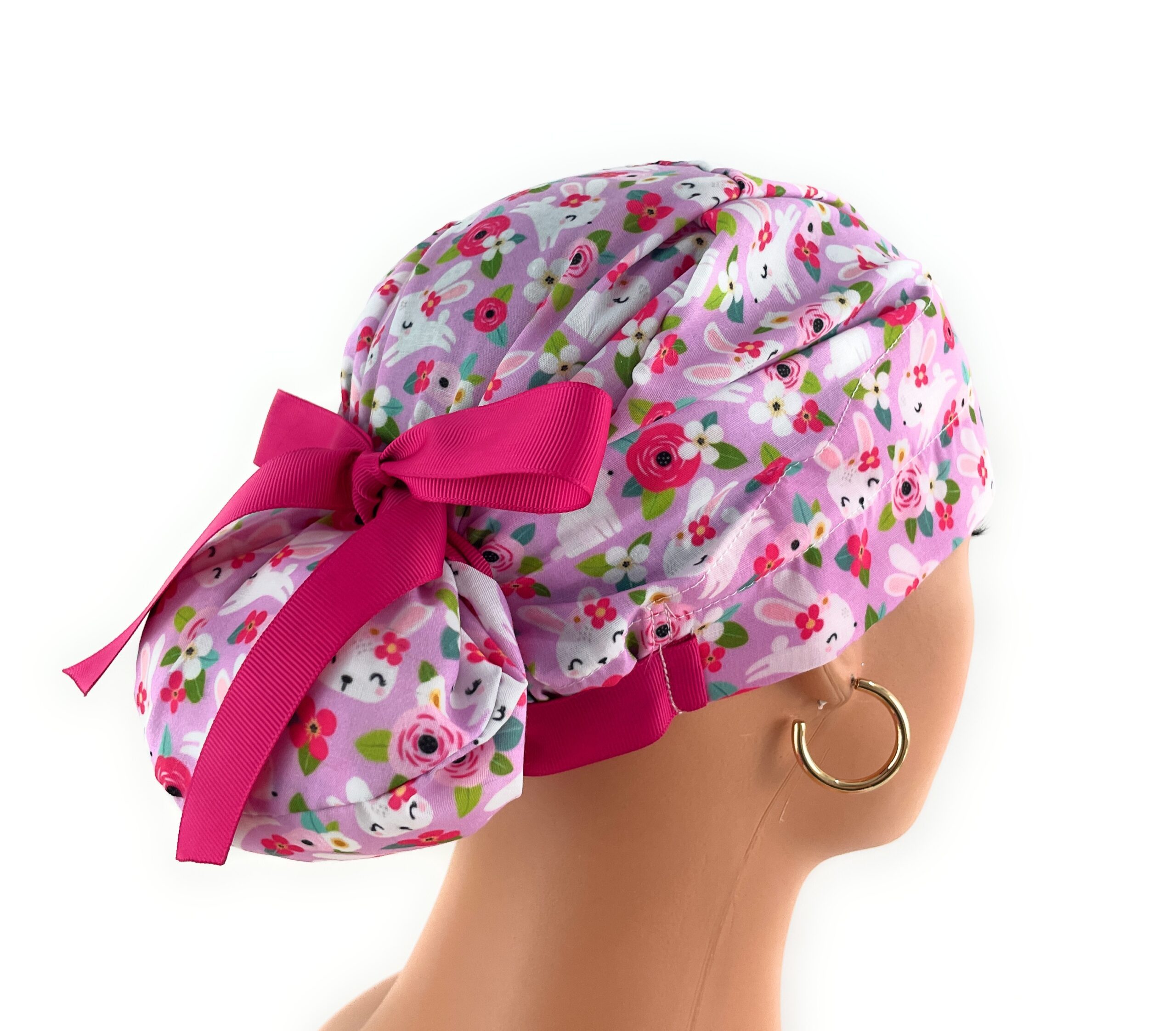European Style Scrub Cap – (Grosgrain Ribbon) - Hoppy Hunting - Floral Bunny - Image 6