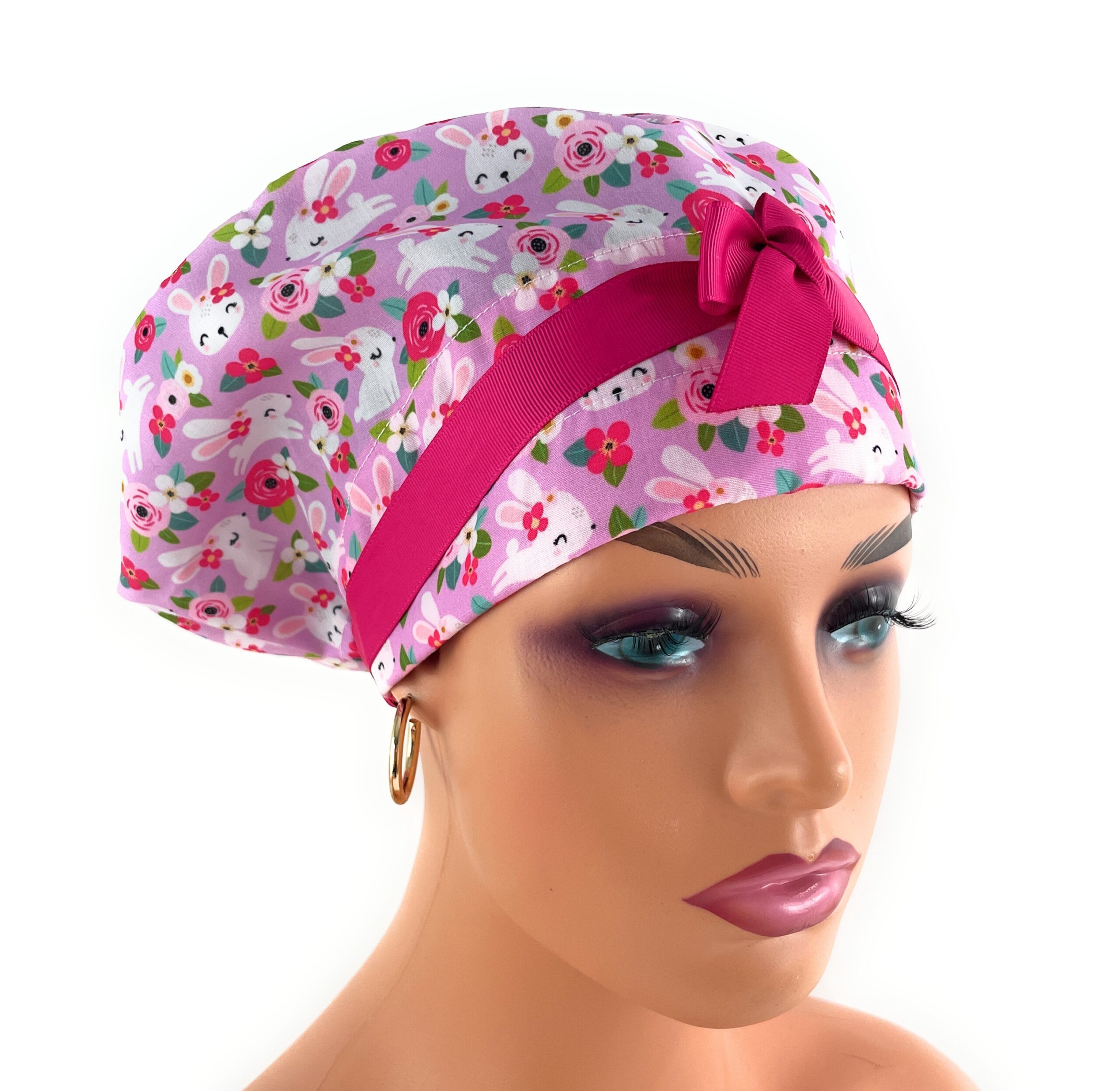 European Style Scrub Cap – (Grosgrain Ribbon) - Hoppy Hunting - Floral Bunny - Image 5