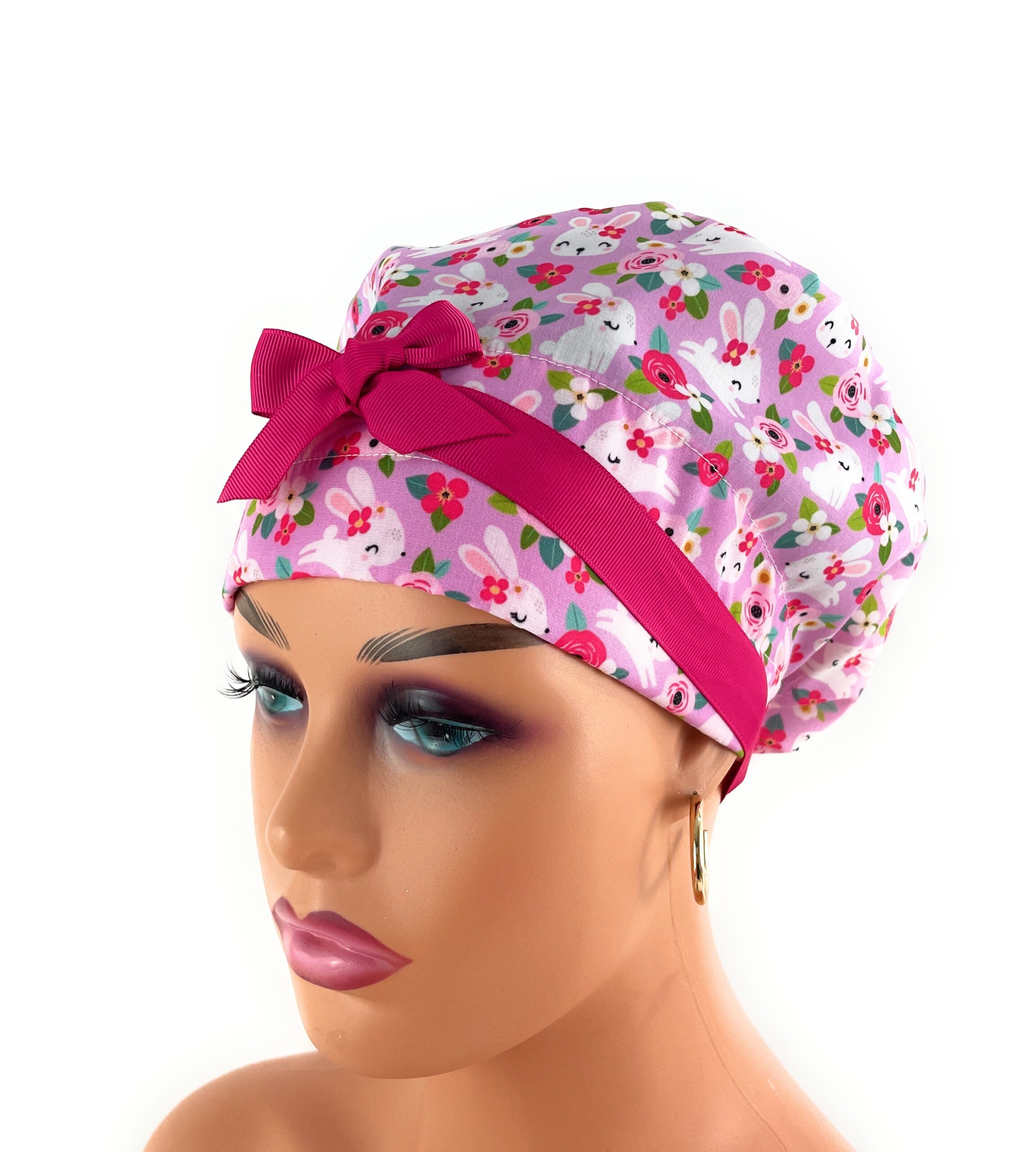 European Style Scrub Cap – (Grosgrain Ribbon) - Hoppy Hunting - Floral Bunny - Image 3