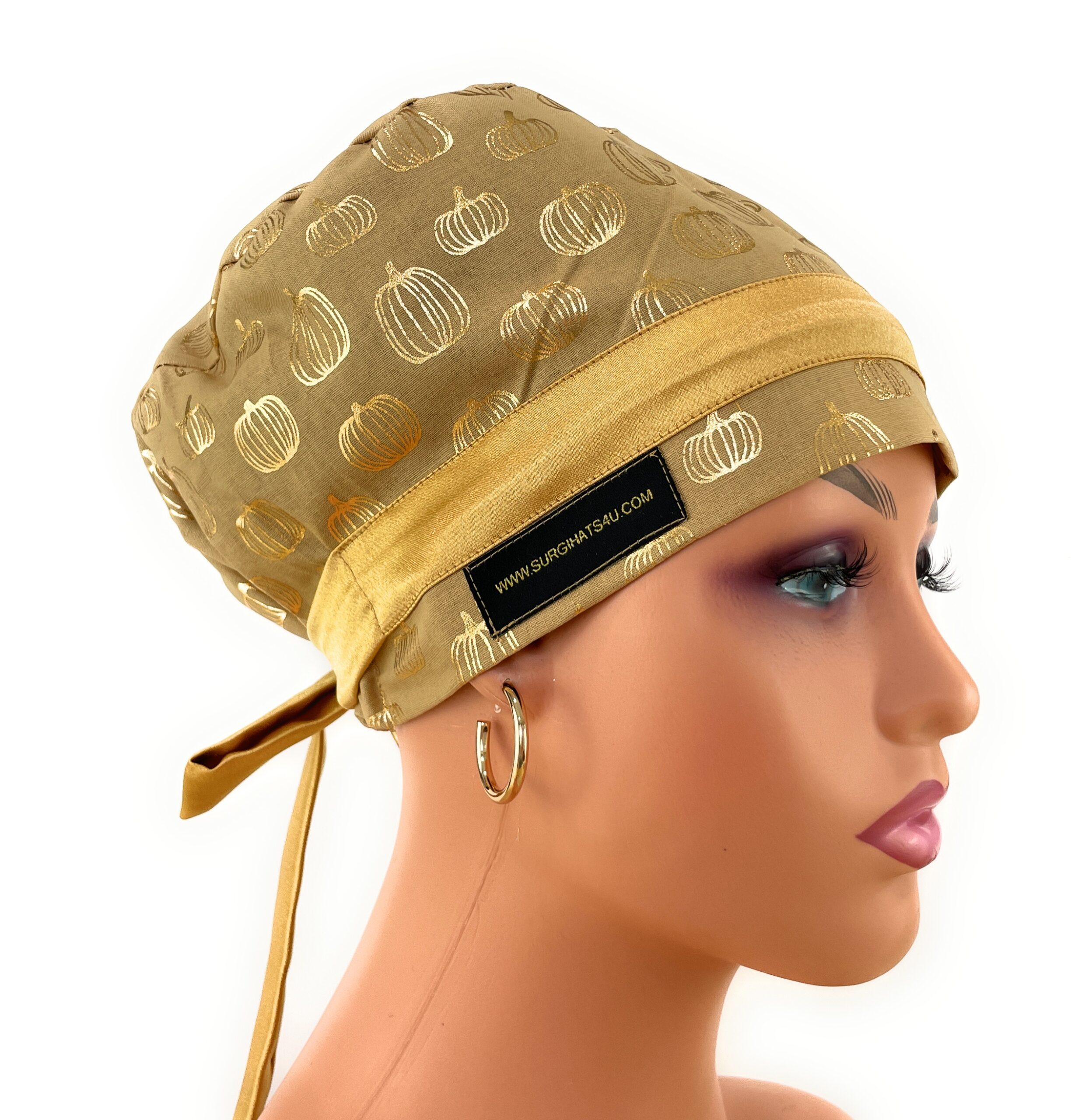 European Style Scrub Cap – (Sateen Ribbon) (No Ribbon) - Golden Pumpkins - Image 4