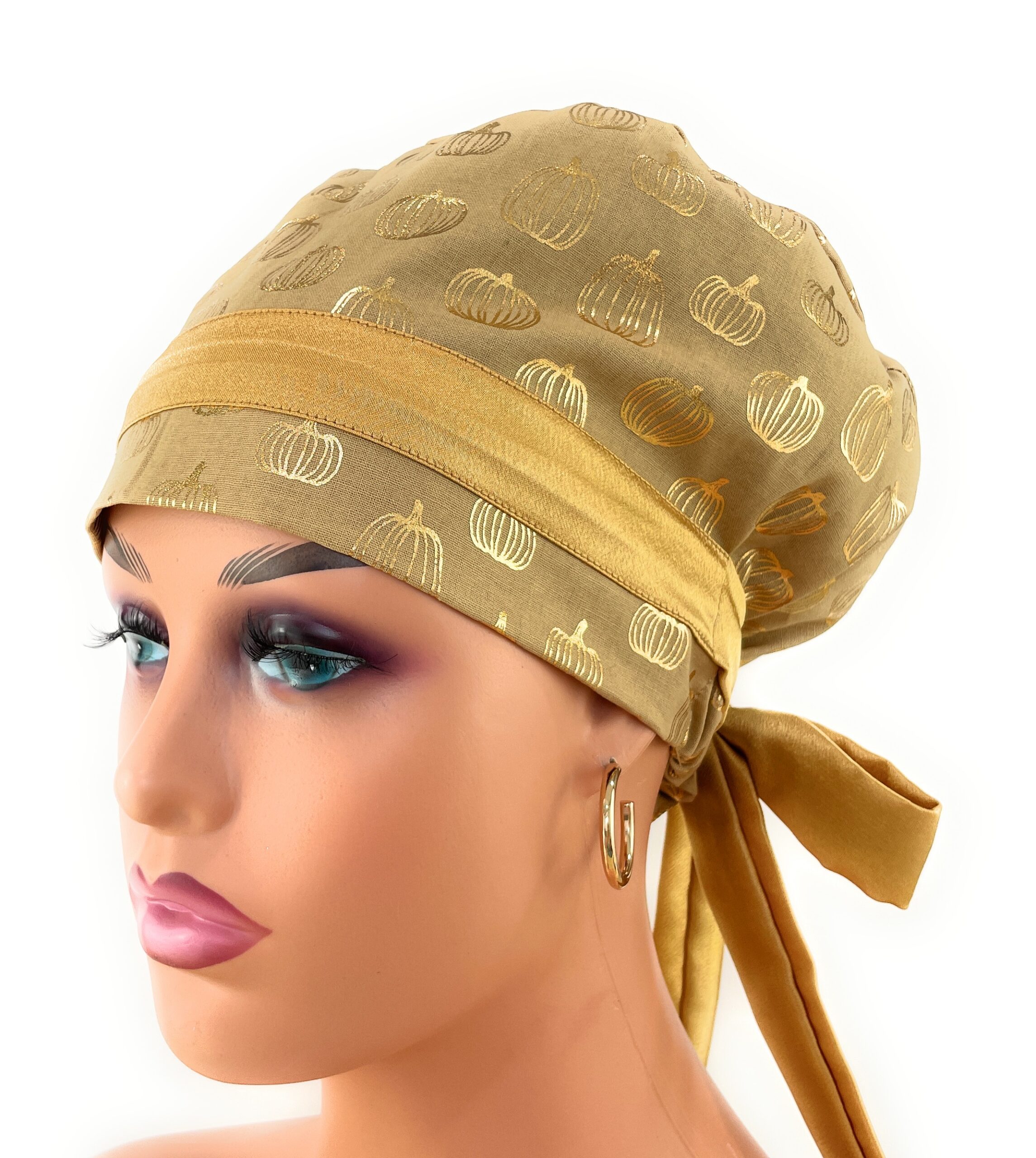 European Style Scrub Cap – (Sateen Ribbon) (No Ribbon) - Golden Pumpkins - Image 6