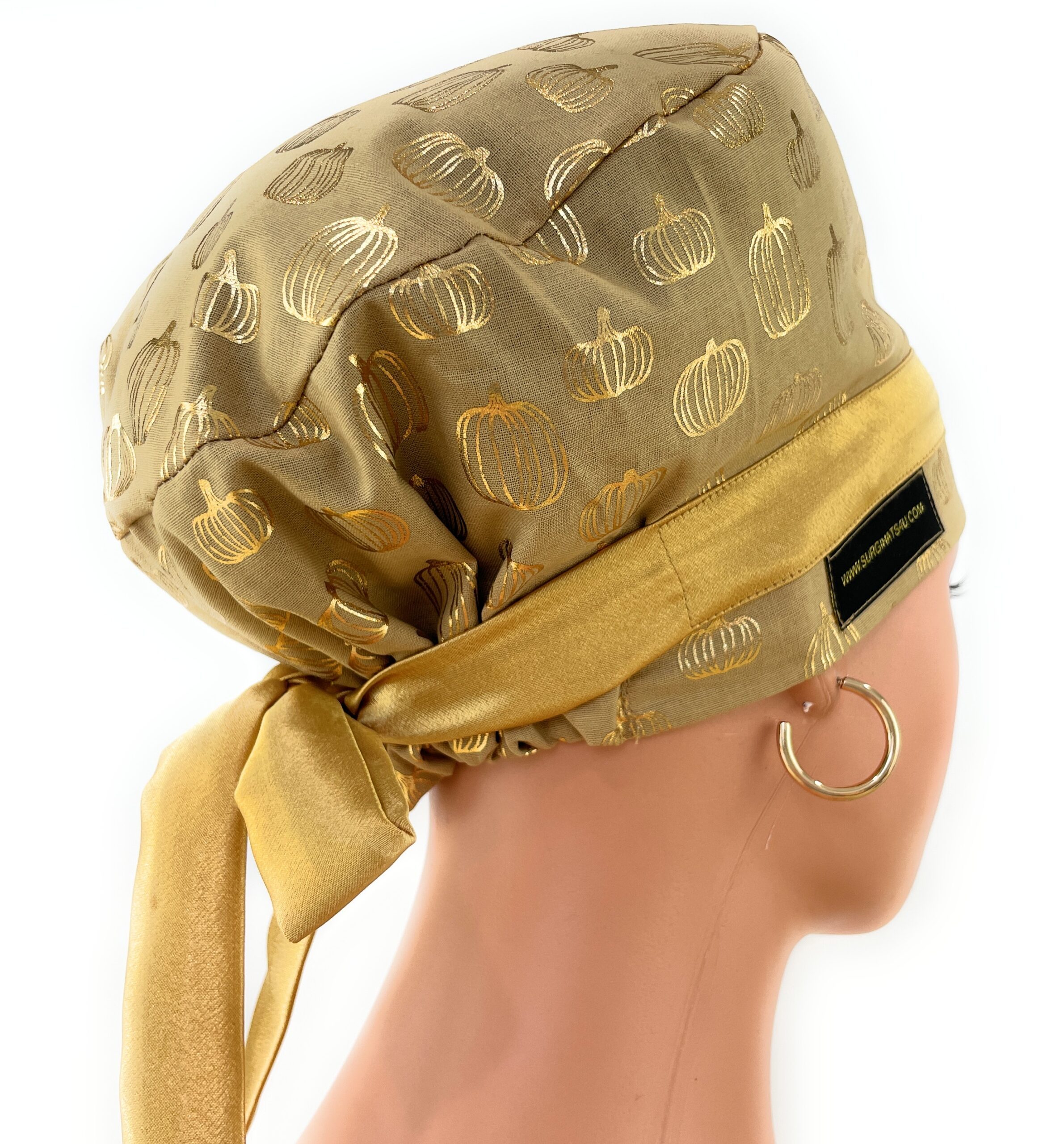 European Style Scrub Cap – (Sateen Ribbon) (No Ribbon) - Golden Pumpkins - Image 9