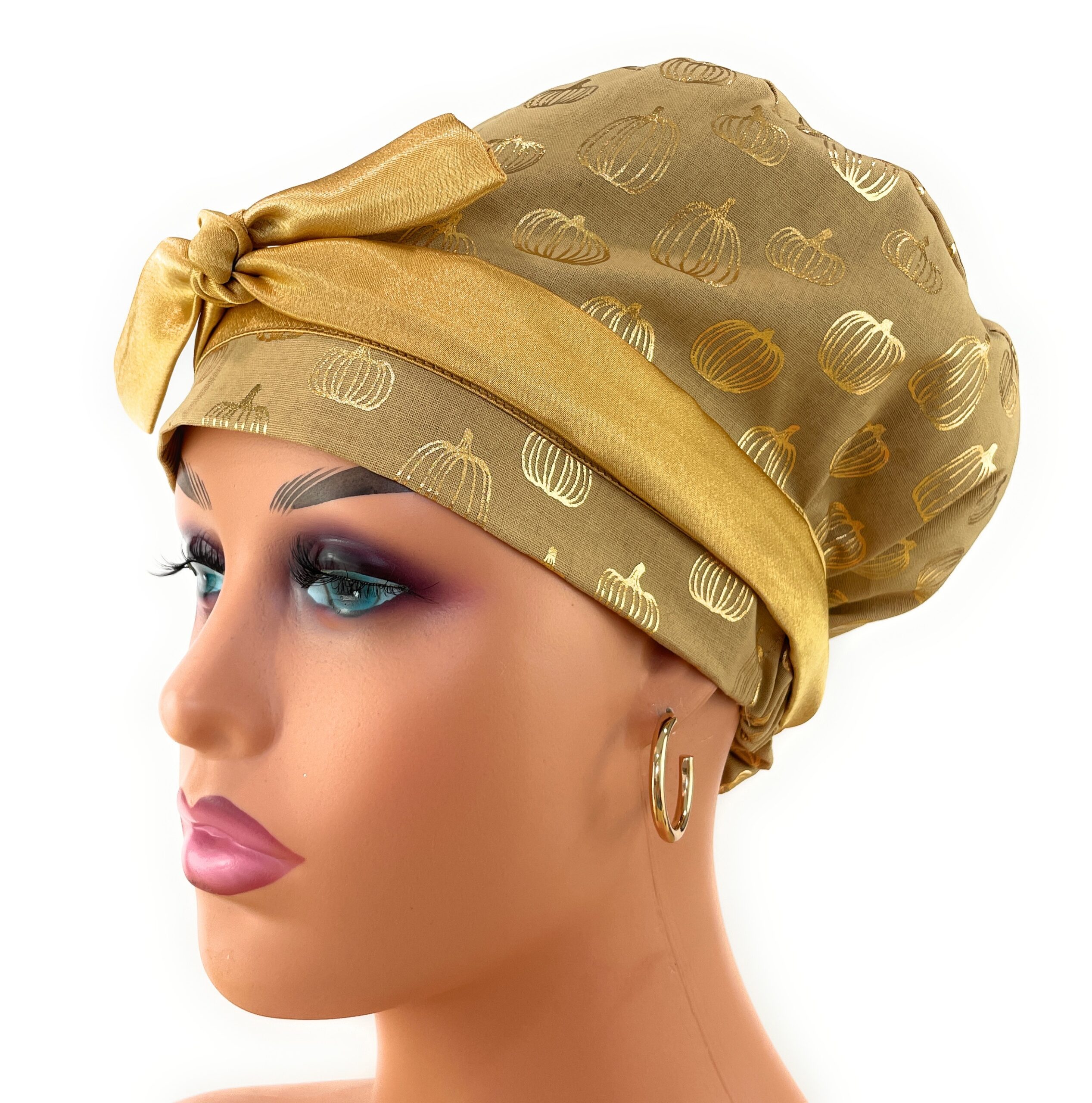 European Style Scrub Cap – (Sateen Ribbon) (No Ribbon) - Golden Pumpkins - Image 3
