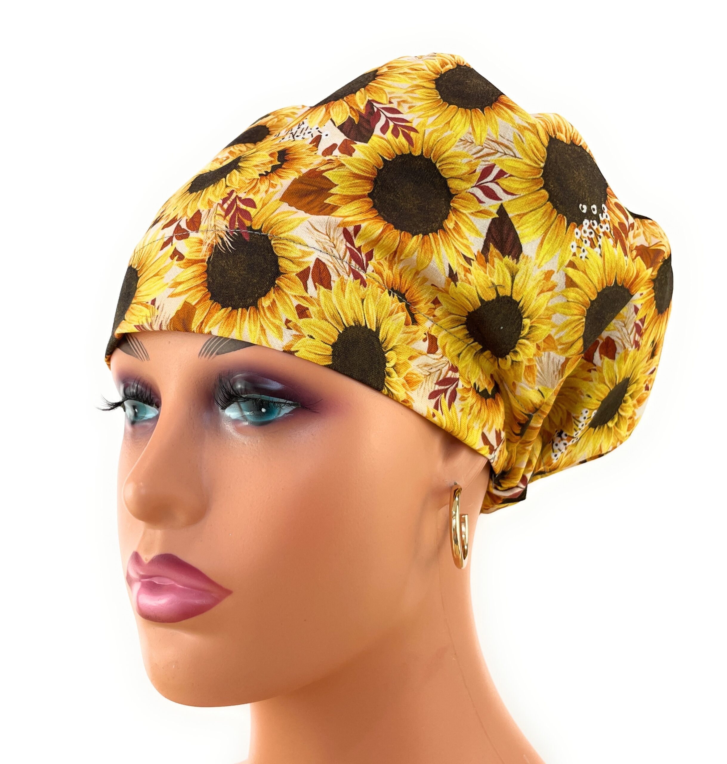 European Style Scrub Cap - (Grosgrain Ribbon)(No Ribbon)- Packed Sunflowers Harvest Cotton Fabric - Image 16