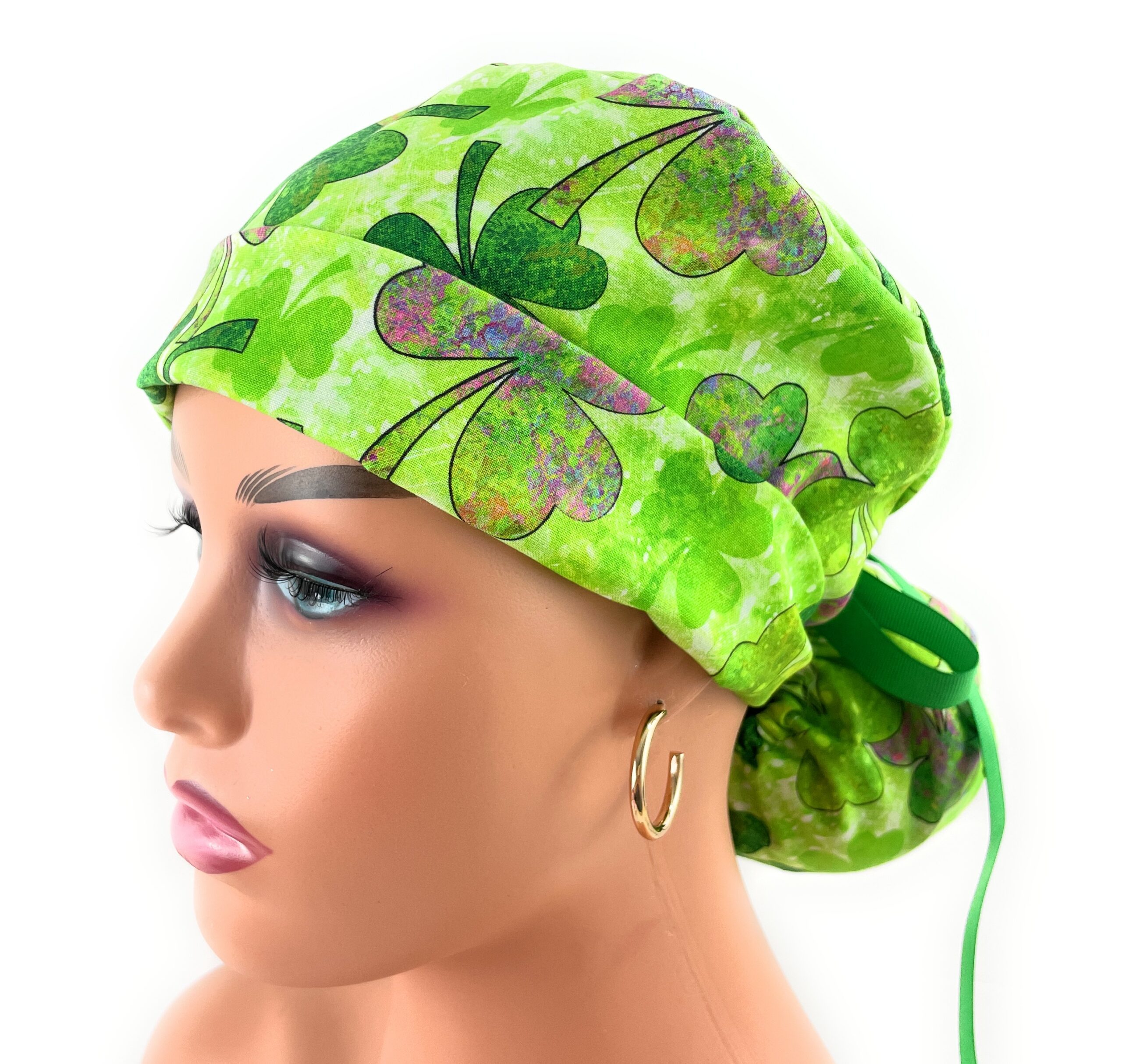 Turn Up Ponytail Medical Scrub Cap - Saint Patrick's Colorful Shamrocks - Image 6