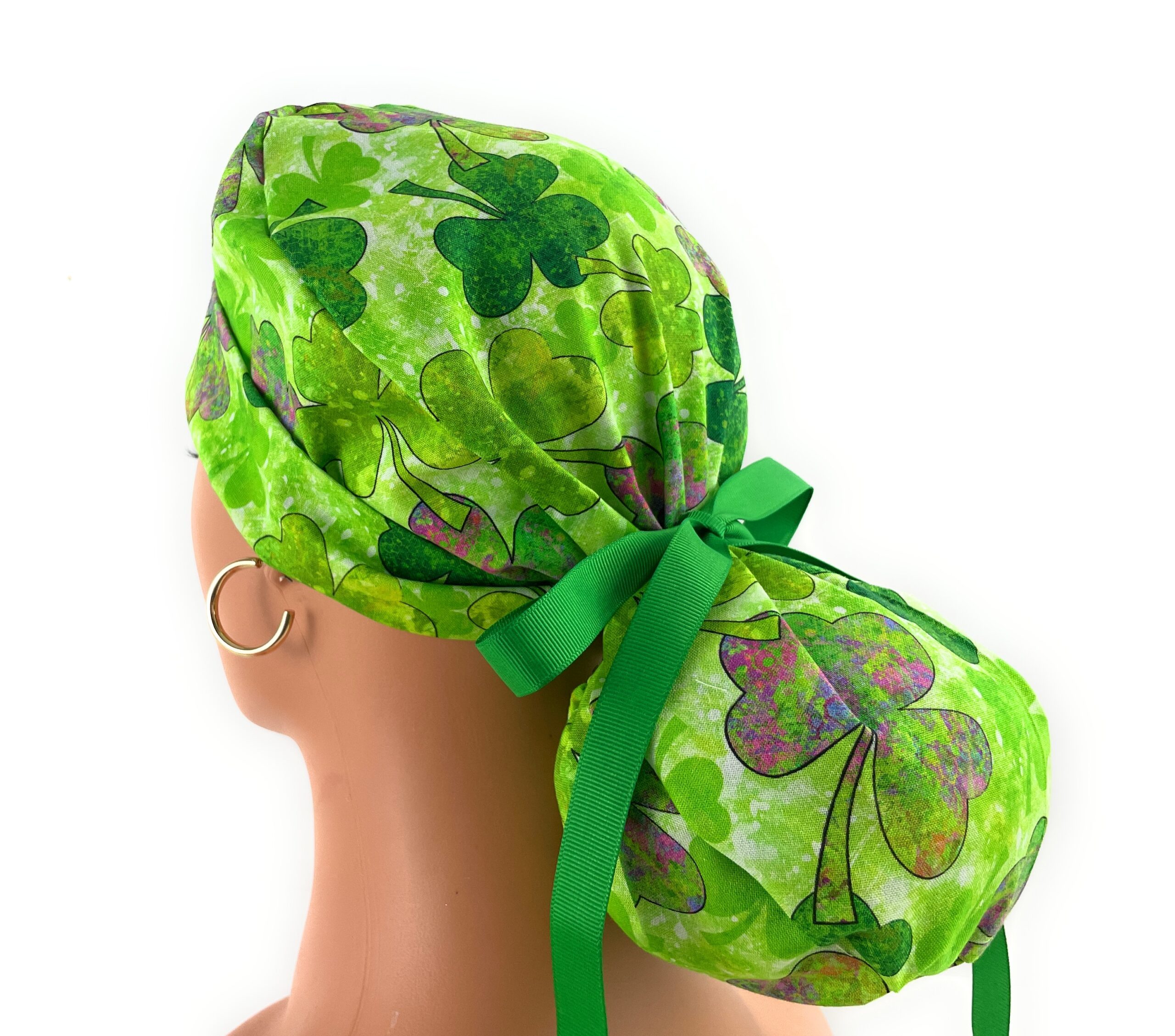 Turn Up Ponytail Medical Scrub Cap - Saint Patrick's Colorful Shamrocks - Image 5