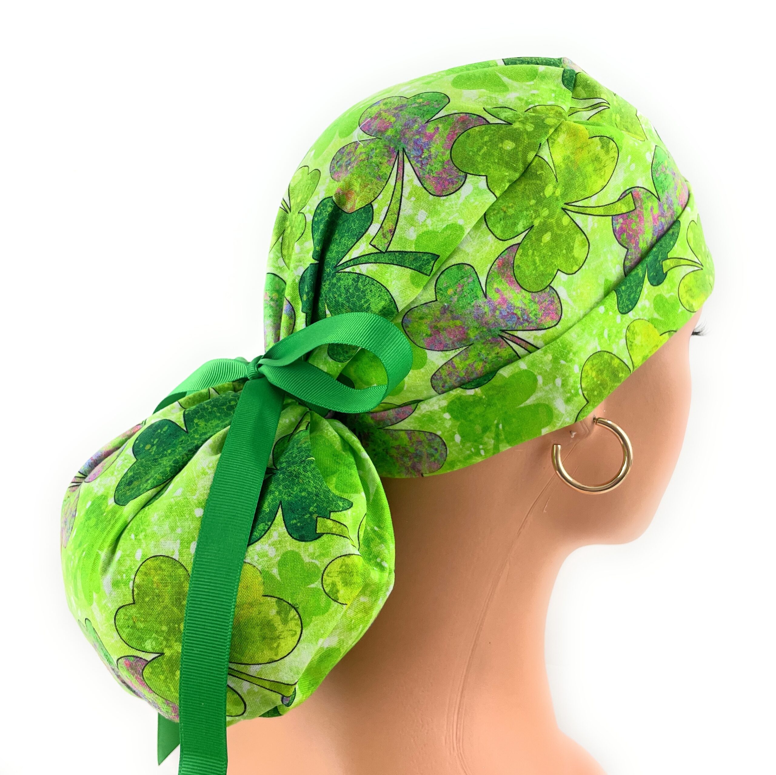 Turn Up Ponytail Medical Scrub Cap - Saint Patrick's Colorful Shamrocks - Image 3