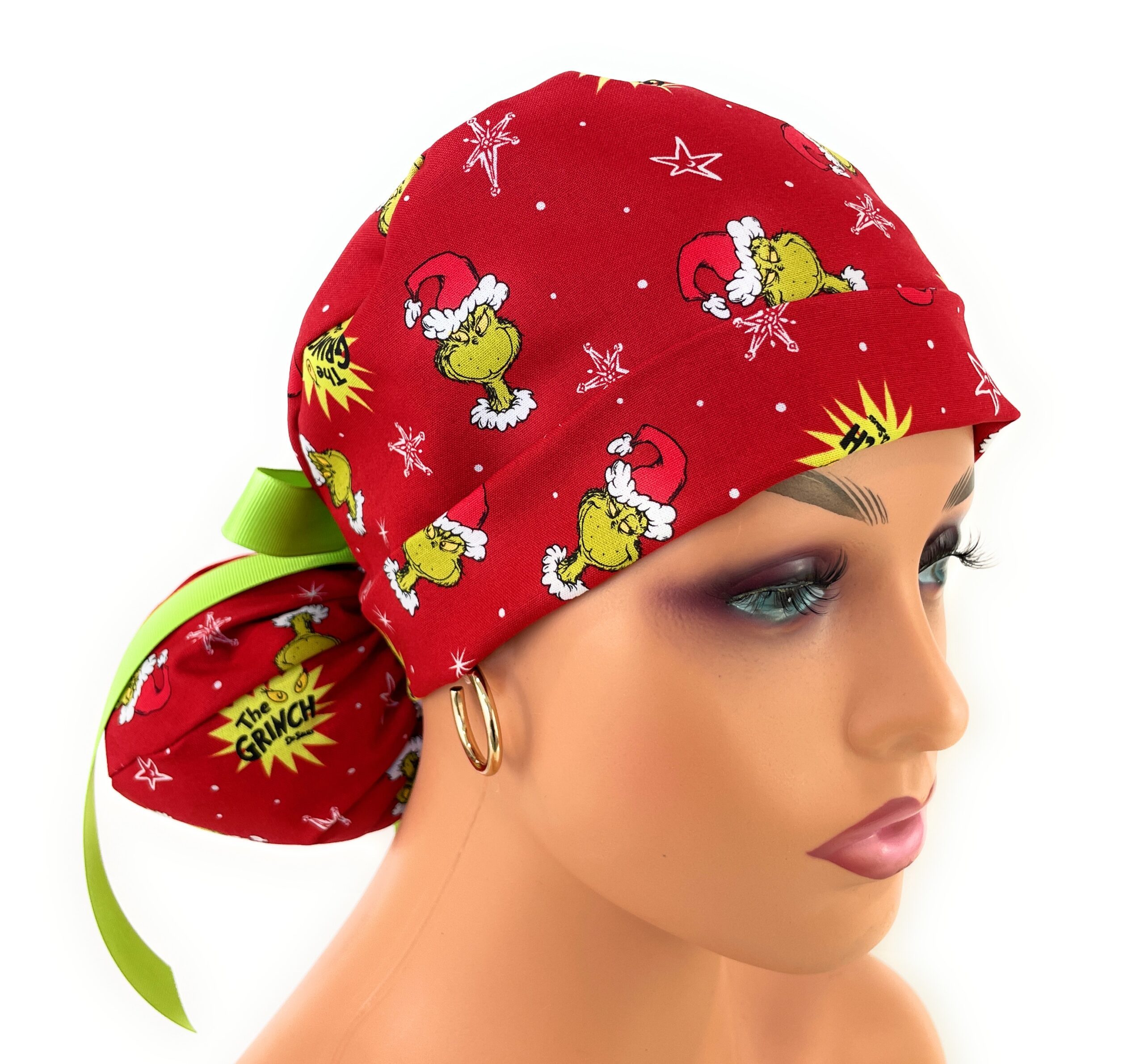 Turn Up Ponytail Medical Scrub Cap - Christmas Puppets