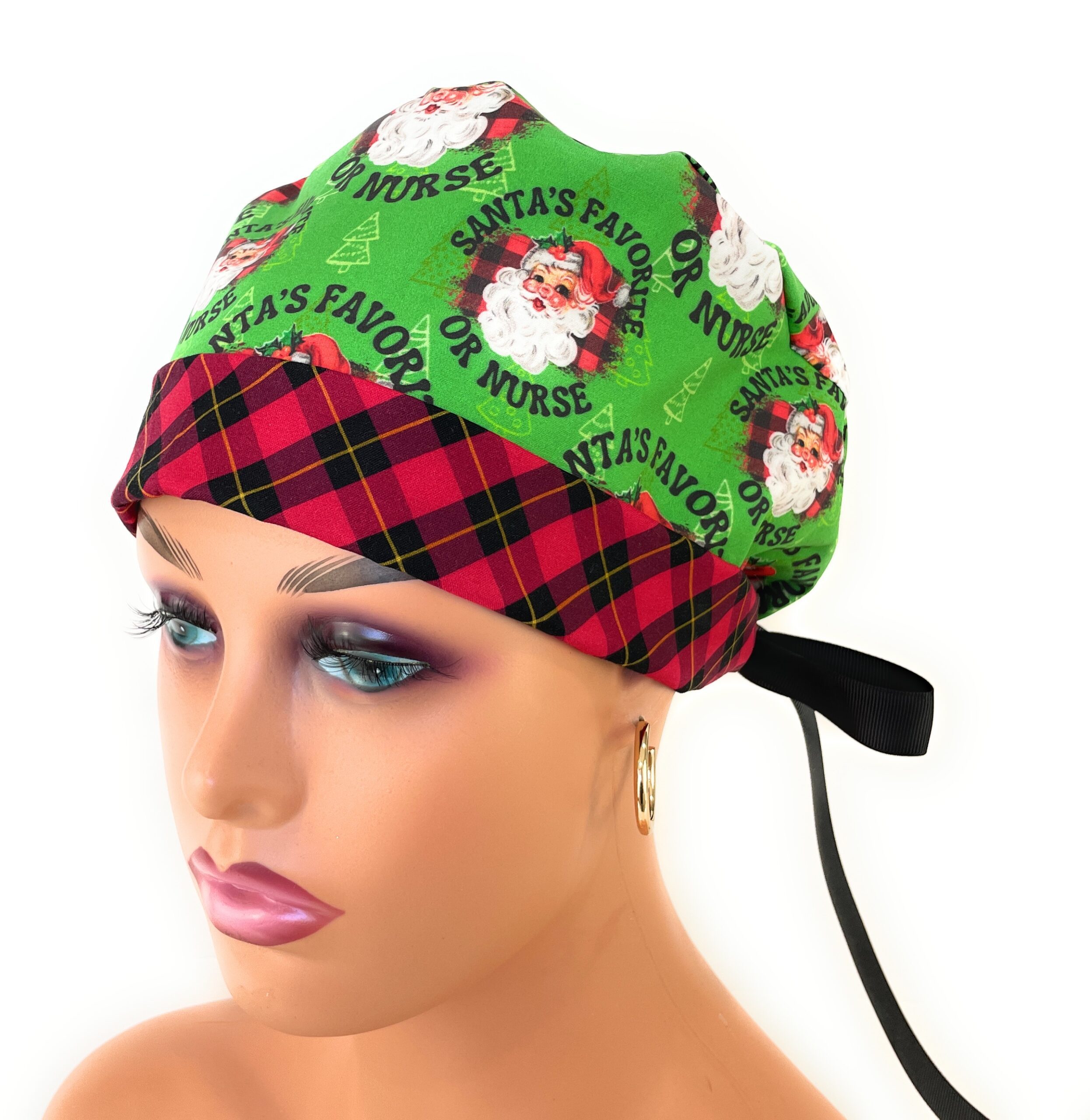 Mini Chemo Medical Scrub Cap - Santa's Favorite Nurse/Black/Red Plaids - Image 4