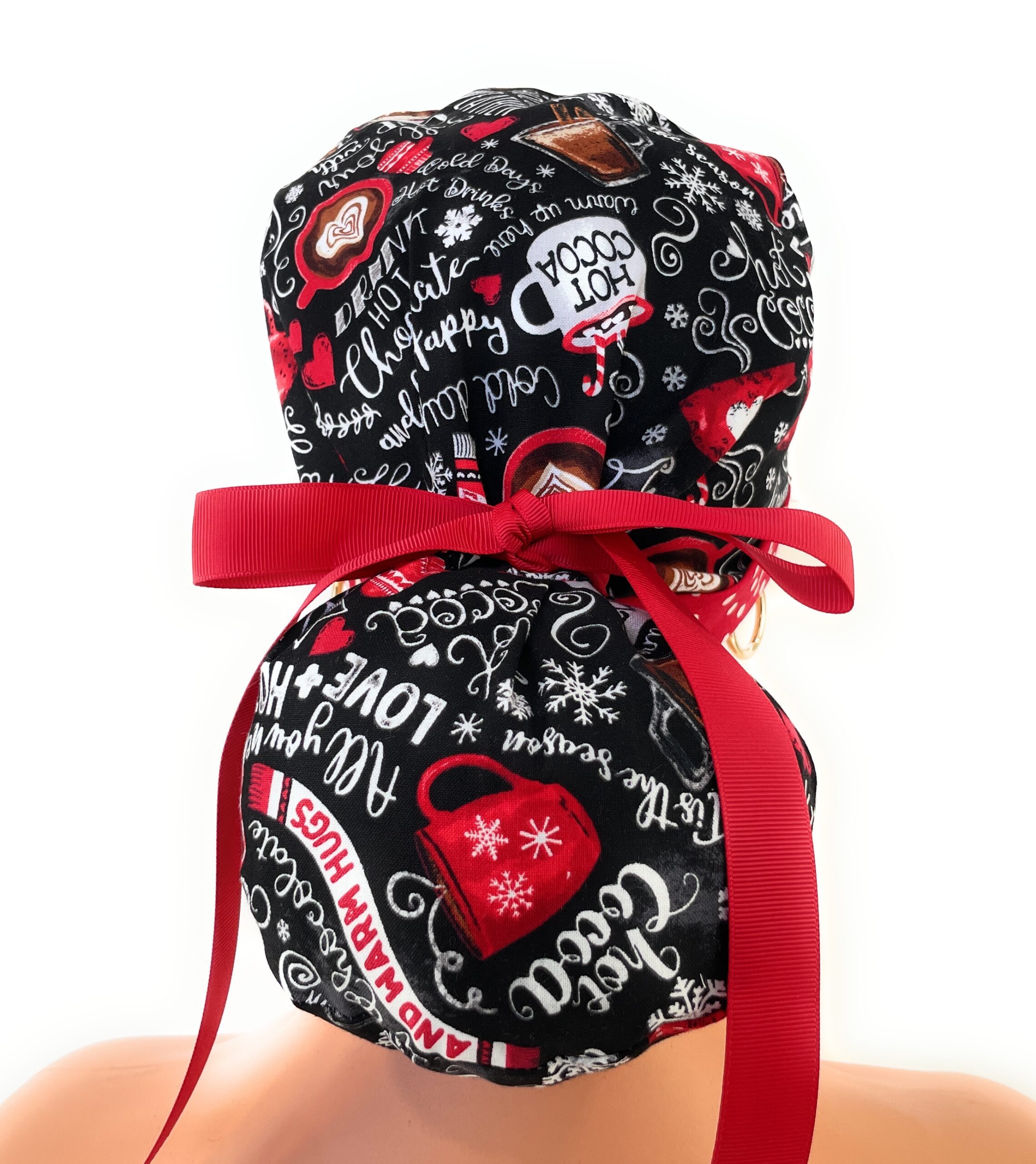 Turn Up Ponytail Medical Scrub Cap - Hot Cocoa - Winter Beverages/Dots - Image 5