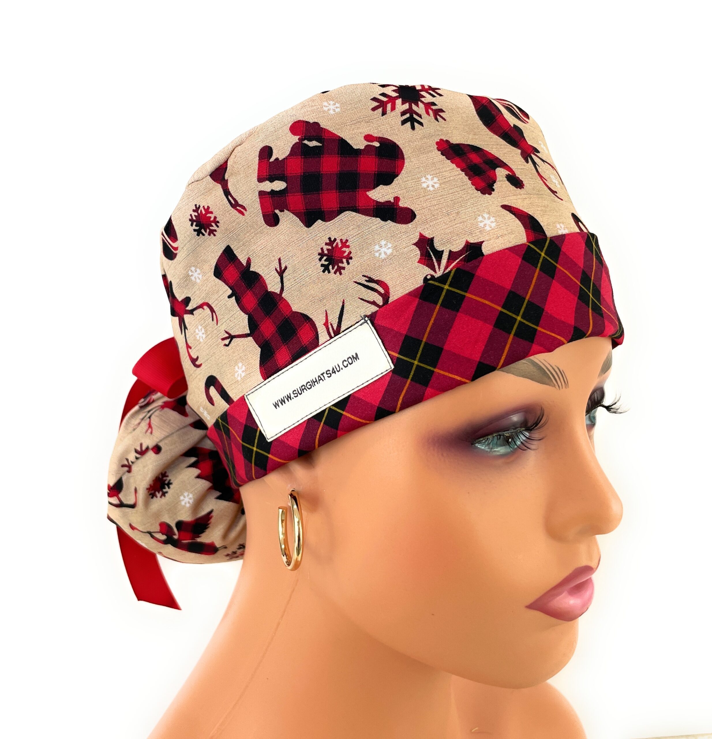 Turn Up Ponytail Medical Scrub Cap - Black & Red Pattern Christmas Pattern)