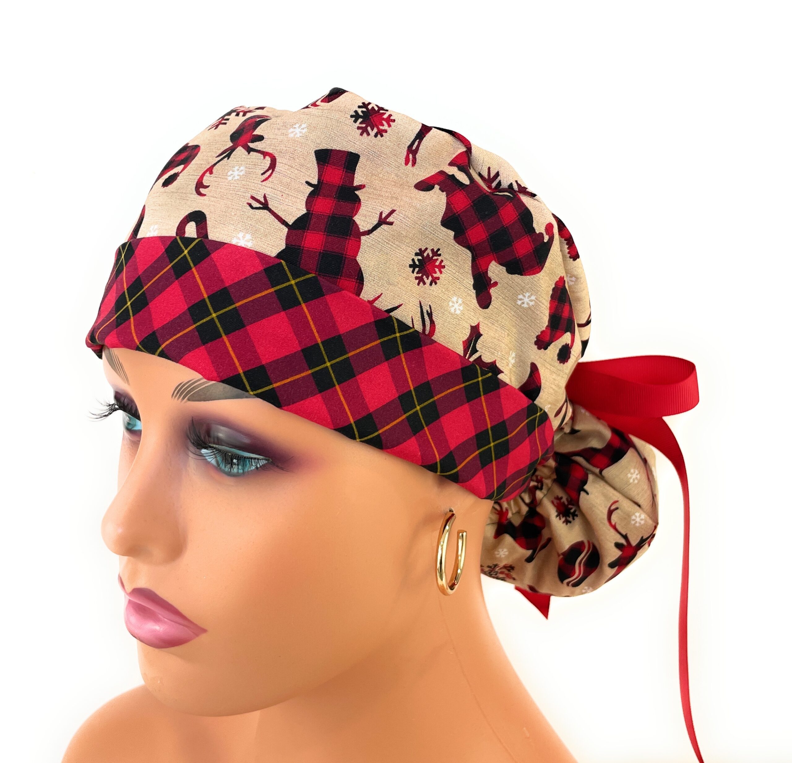 Turn Up Ponytail Medical Scrub Cap - Black & Red Pattern Christmas Pattern) - Image 3