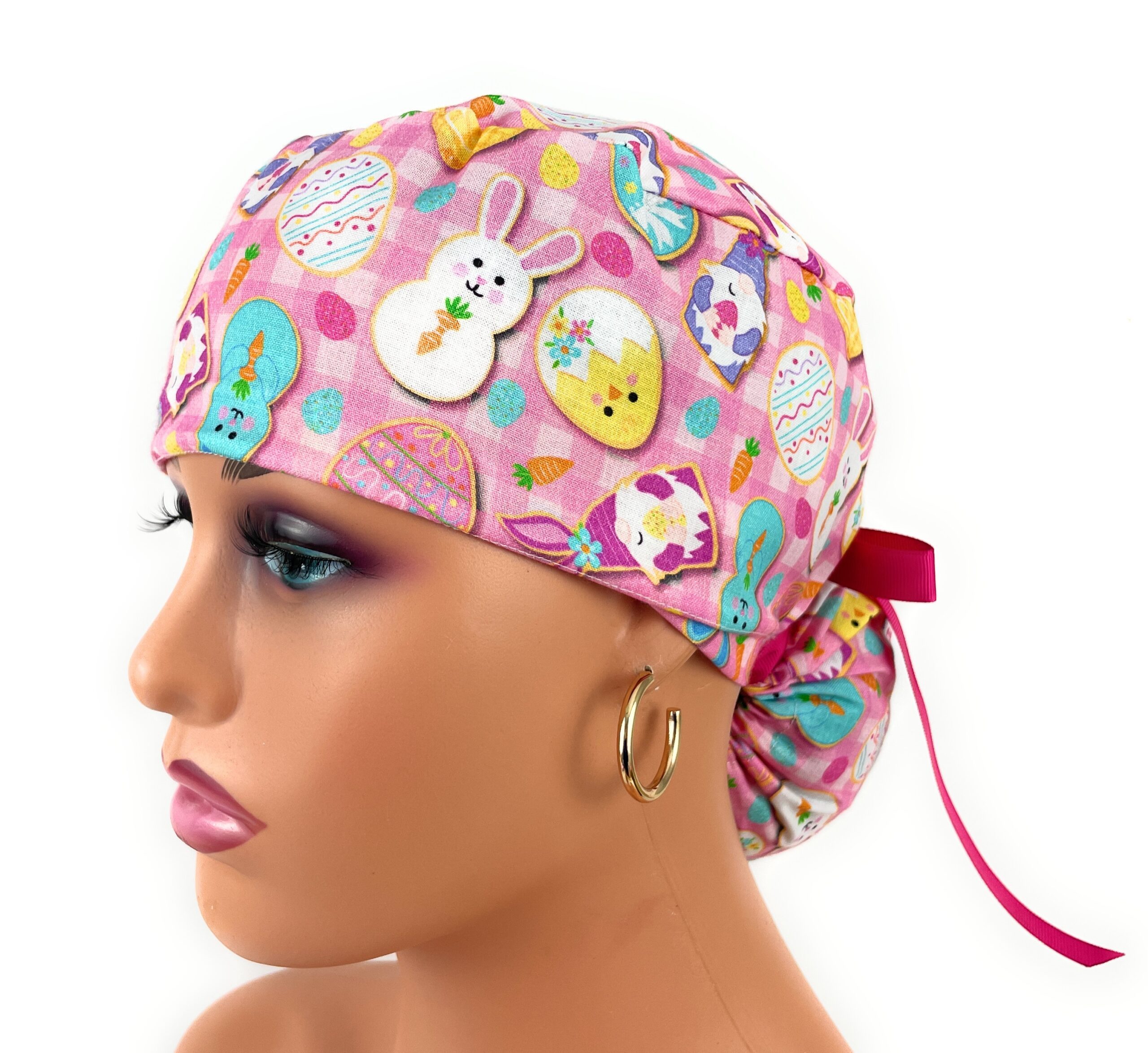 Ponytail Medical Scrub Cap – Happy Easter Bunnies – Egg Hunt – Pink - Image 3