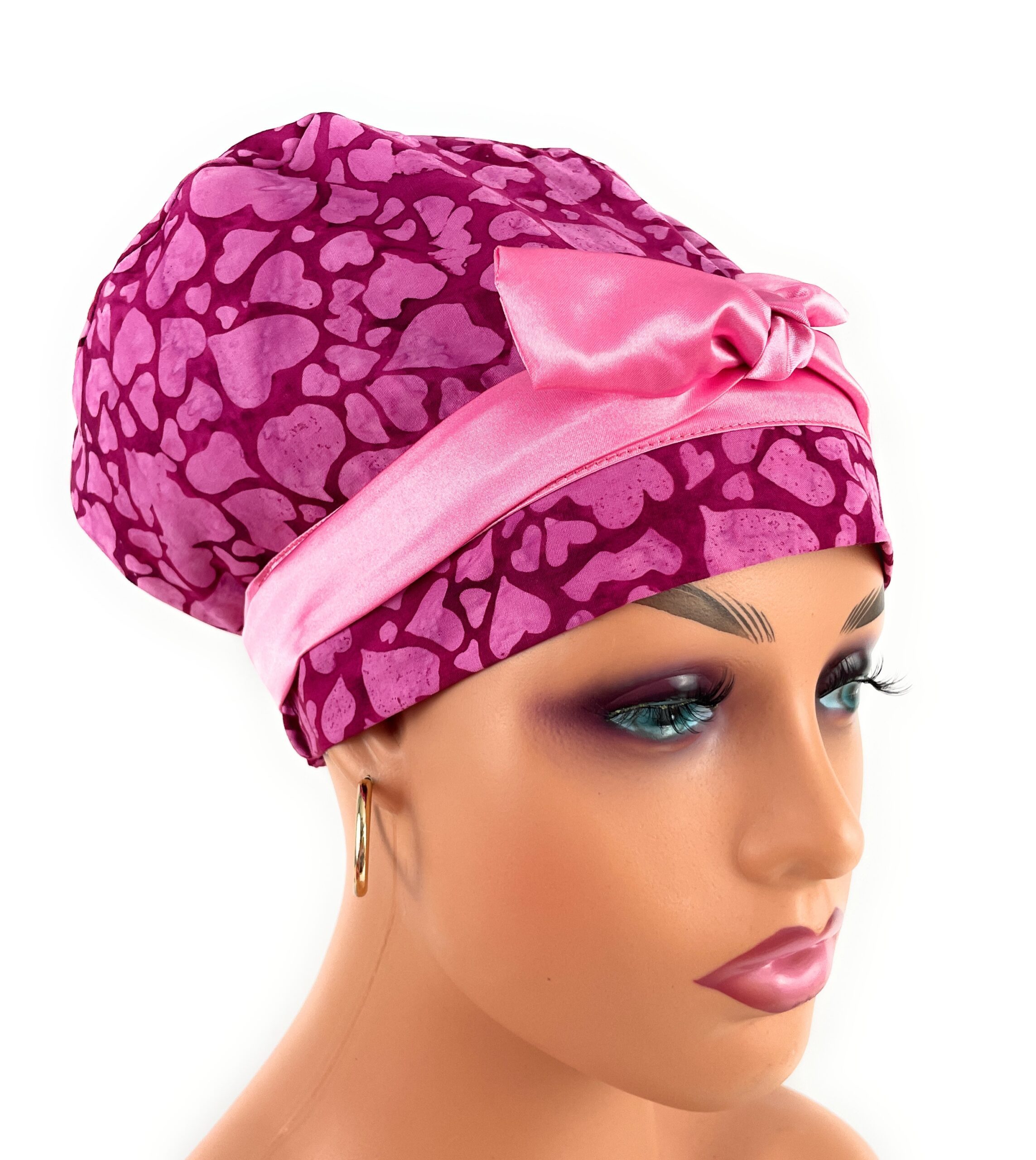 European Style Scrub Cap – (Sateen Ribbon) (No Ribbon) Packed Pink Hearts Batik Valentine's Day