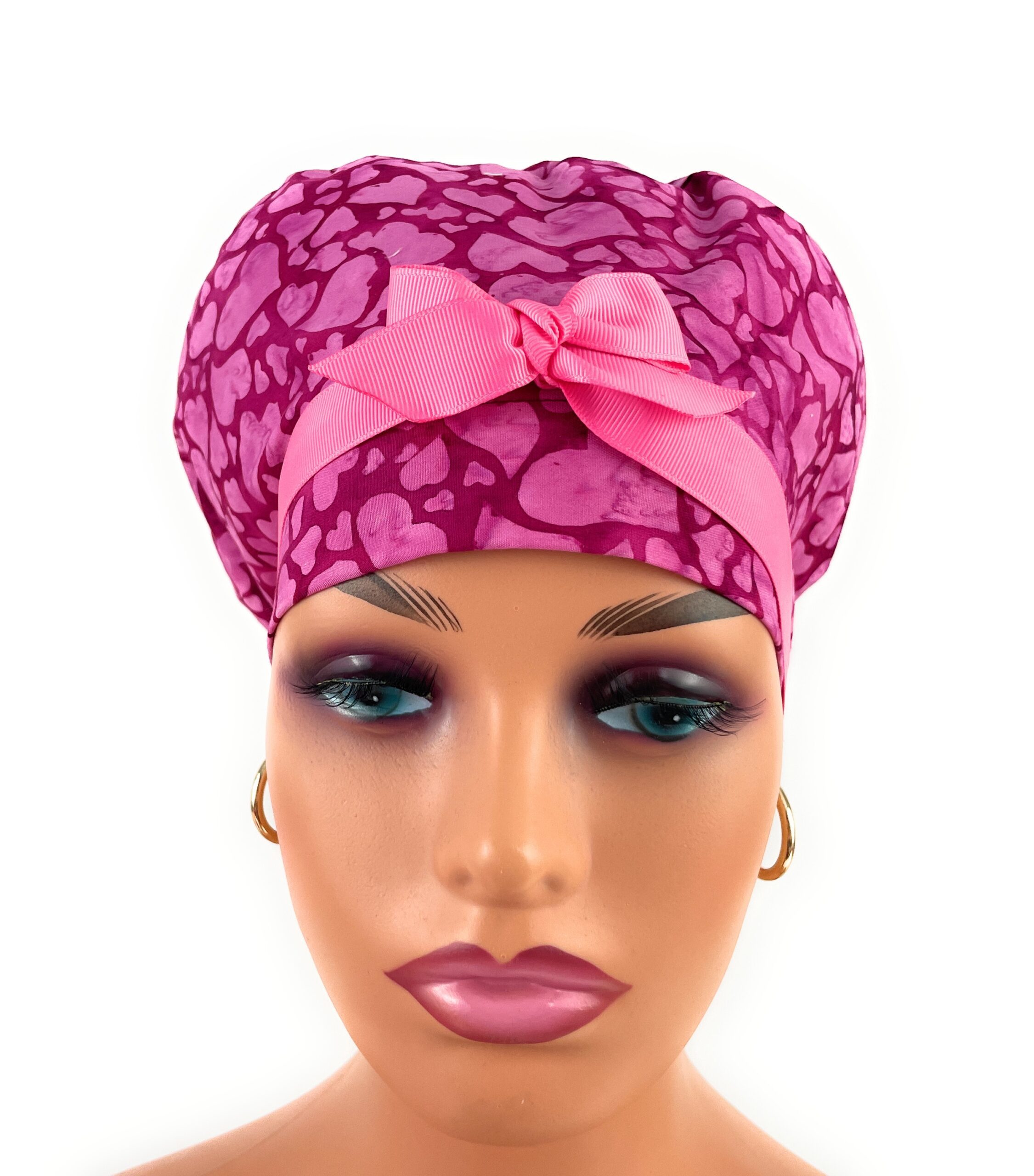 European Style Scrub Cap – (Grosgrain Ribbon) (No Ribbon) Packed Pink Hearts Batik Valentine's Day - Image 3