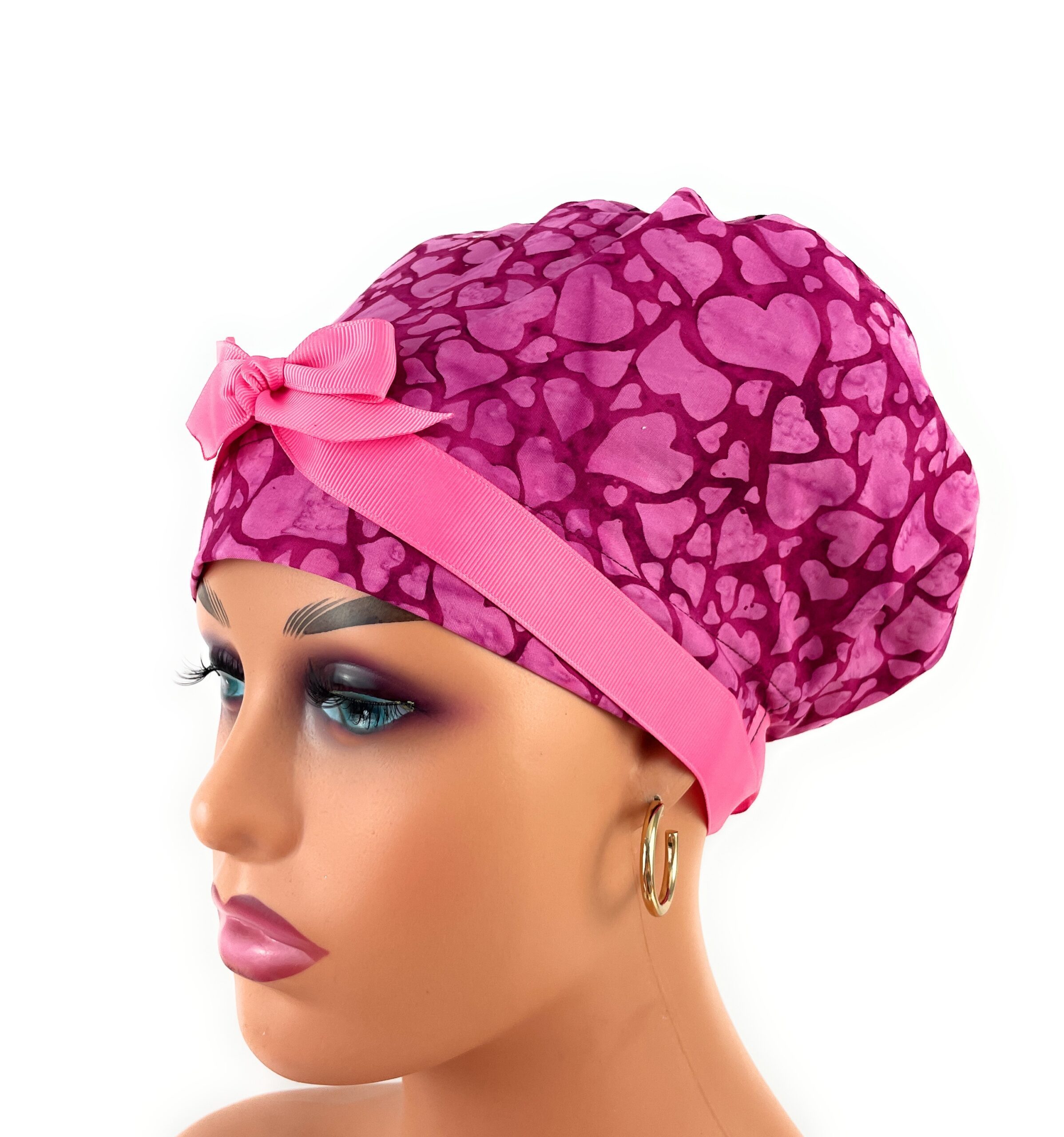 European Style Scrub Cap – (Grosgrain Ribbon) (No Ribbon) Packed Pink Hearts Batik Valentine's Day - Image 4