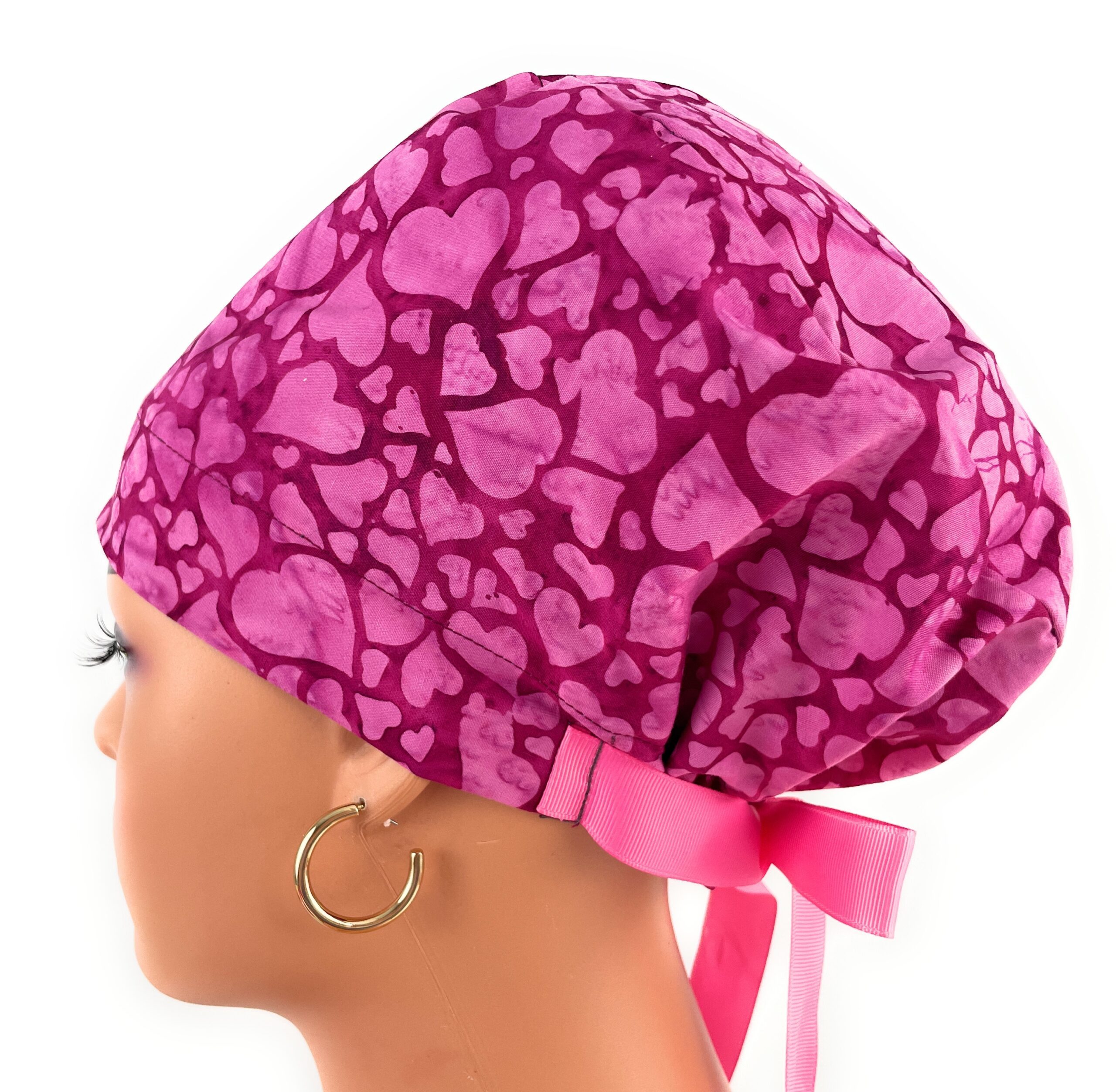 European Style Scrub Cap – (Grosgrain Ribbon) (No Ribbon) Packed Pink Hearts Batik Valentine's Day - Image 7
