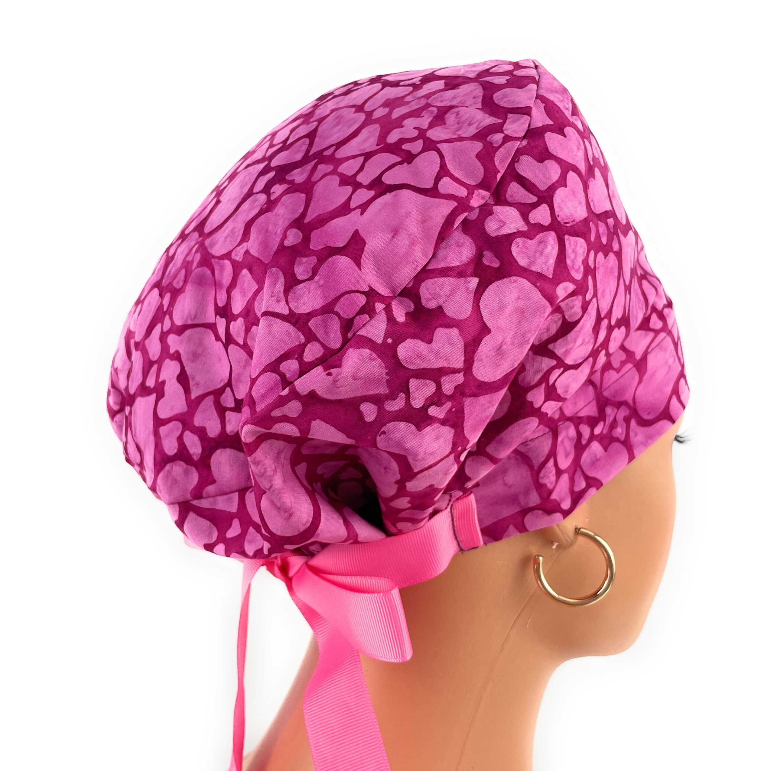 European Style Scrub Cap – (Grosgrain Ribbon) (No Ribbon) Packed Pink Hearts Batik Valentine's Day - Image 5
