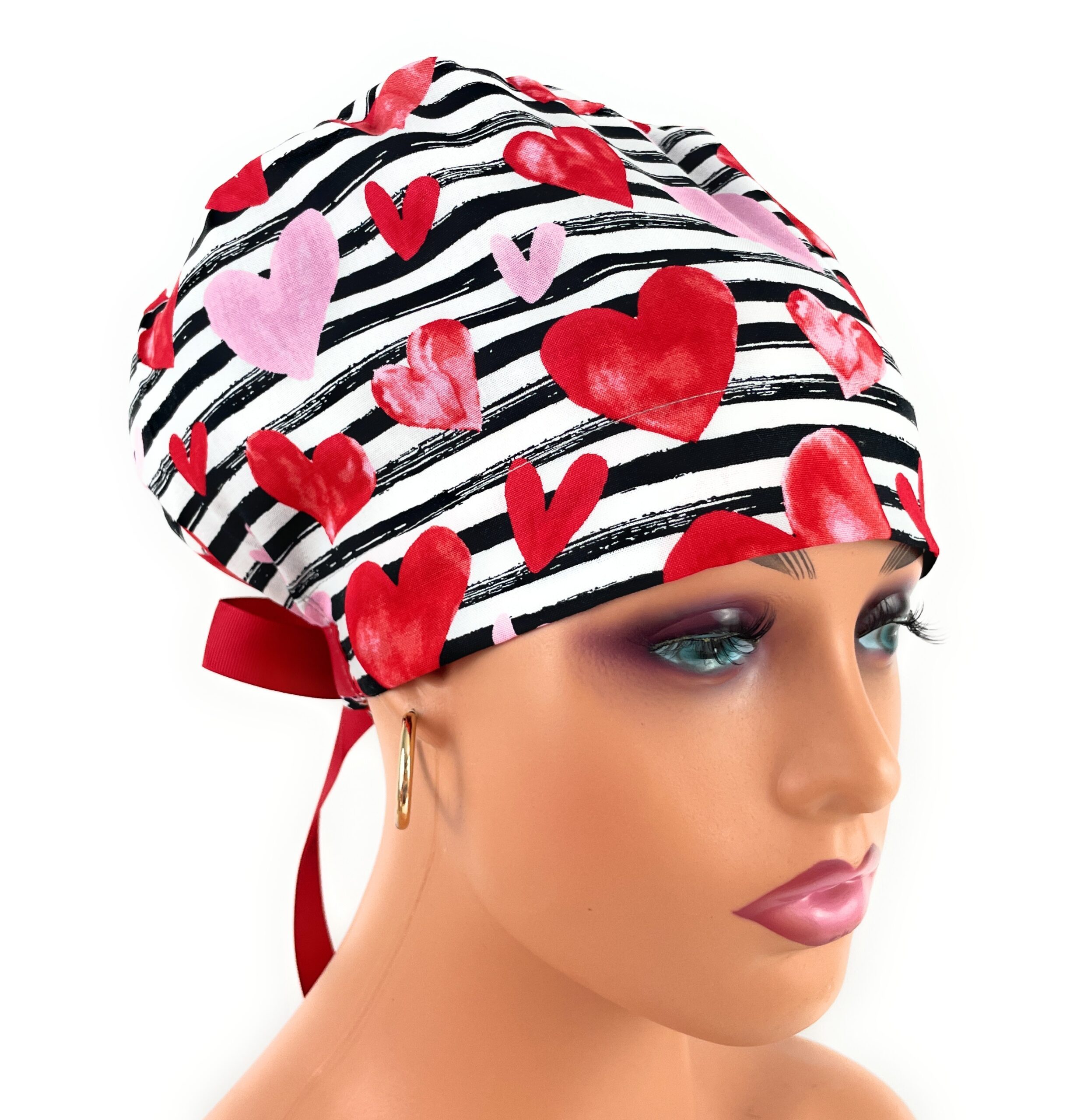 European Style Scrub Cap – (Grosgrain Ribbon) (No Ribbon) Packed Pink Hearts/Stripes/Valentine's Day - Image 4