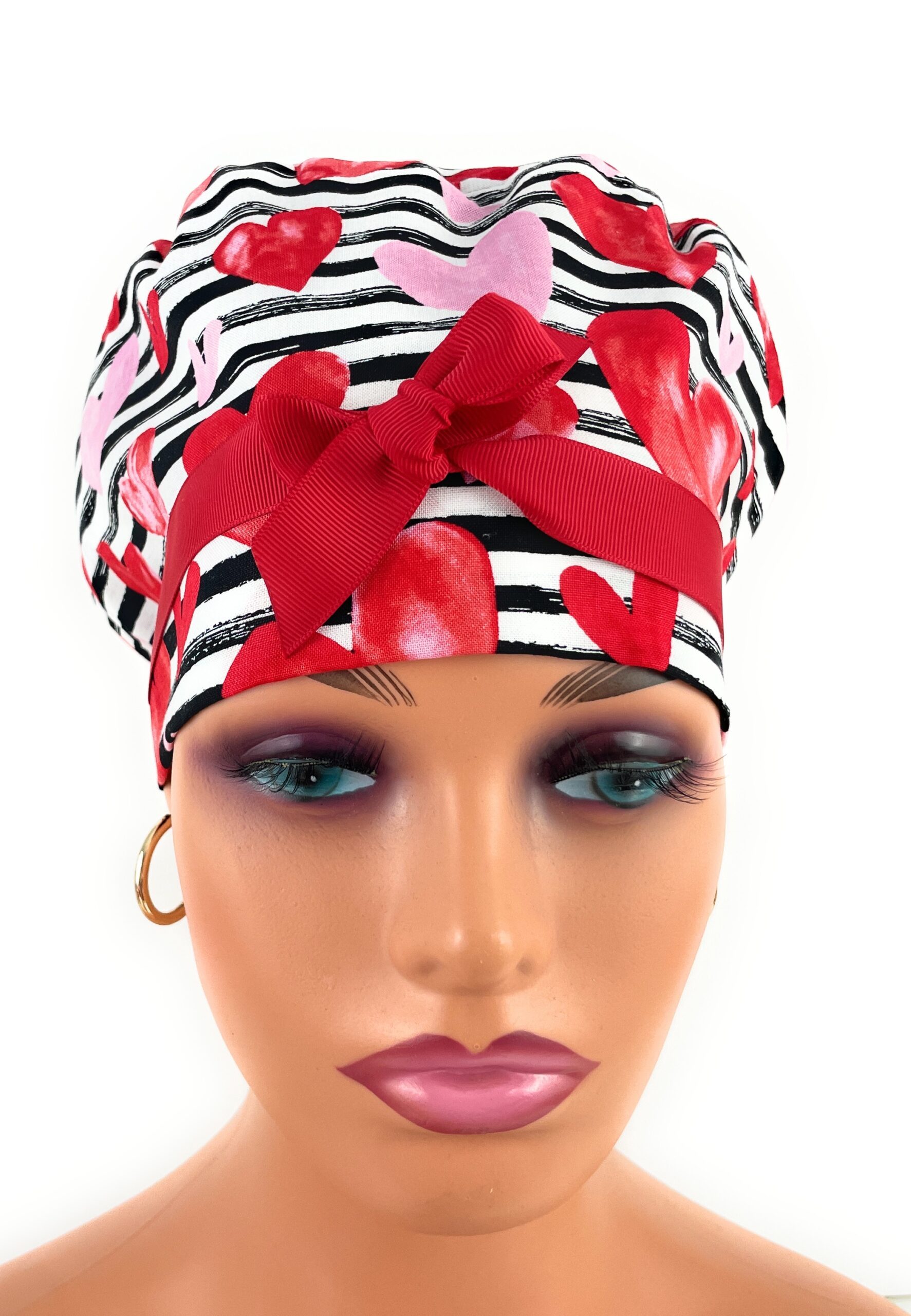 European Style Scrub Cap – (Grosgrain Ribbon) (No Ribbon) Packed Pink Hearts/Stripes/Valentine's Day - Image 2