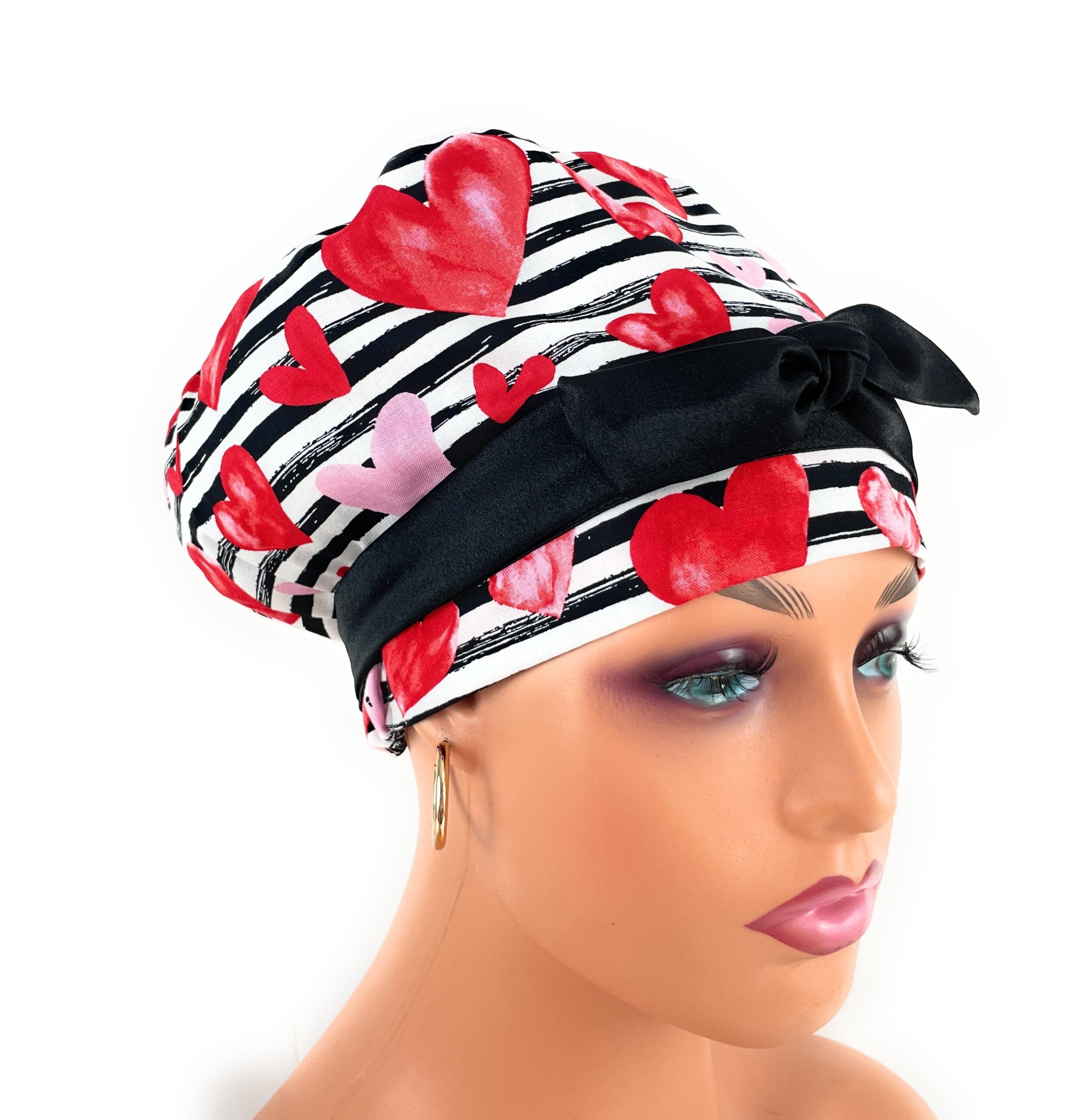 European Style Scrub Cap – (Sateen Ribbon) (No Ribbon) Red Hearts - Valentine's Day