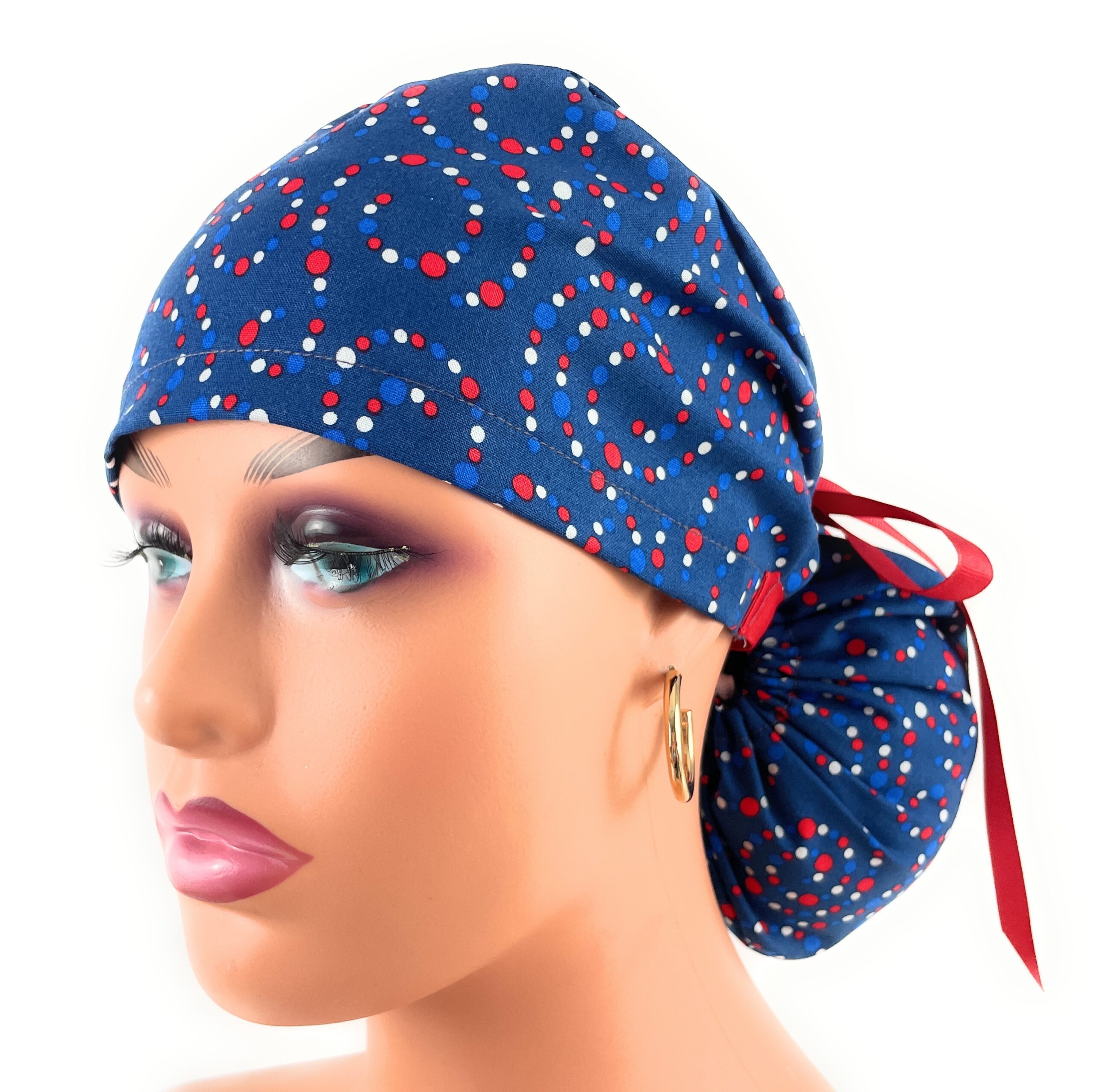 Ponytail Medical Scrub Cap - Patriotic Dots - Image 2