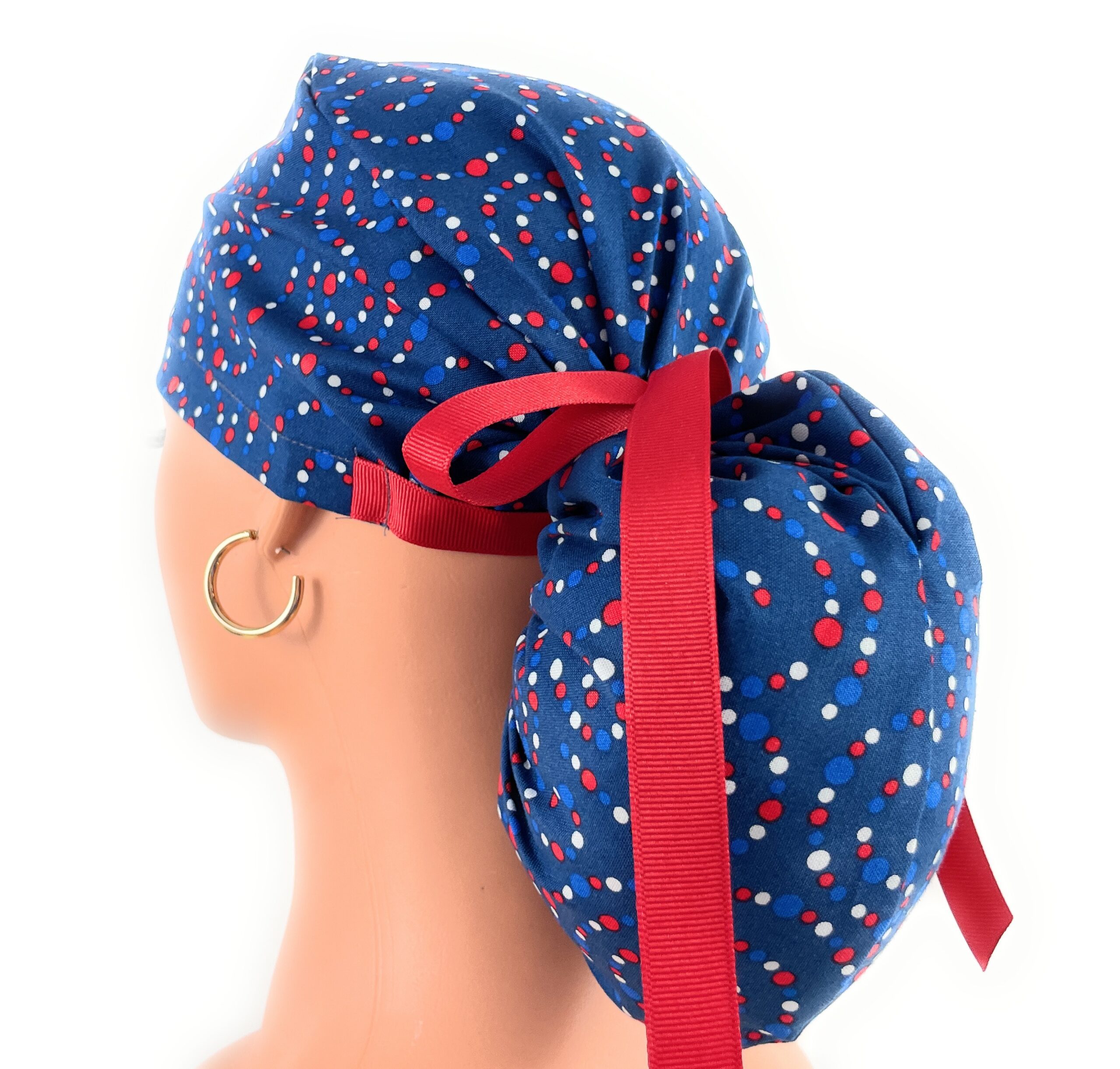 Ponytail Medical Scrub Cap - Patriotic Dots - Image 7