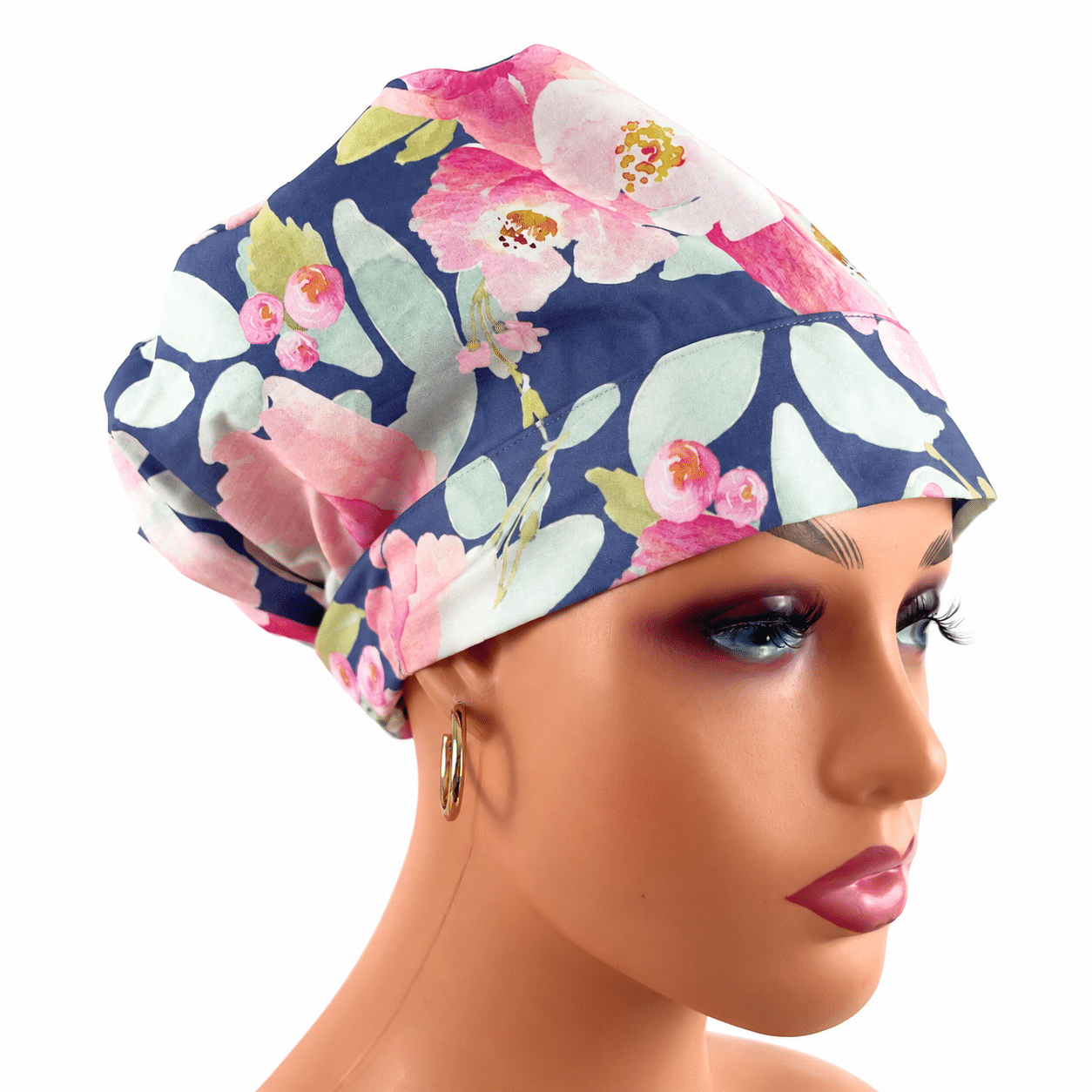 European Style Scrub Cap – (Sateen Ribbon) (No Ribbon) Blushing Floral in Fuchsia on Navy - Image 11
