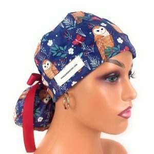 Turn Up Ponytail Medical Scrub Cap - Navy Blue with Owl Pattern, Winter Forest Theme