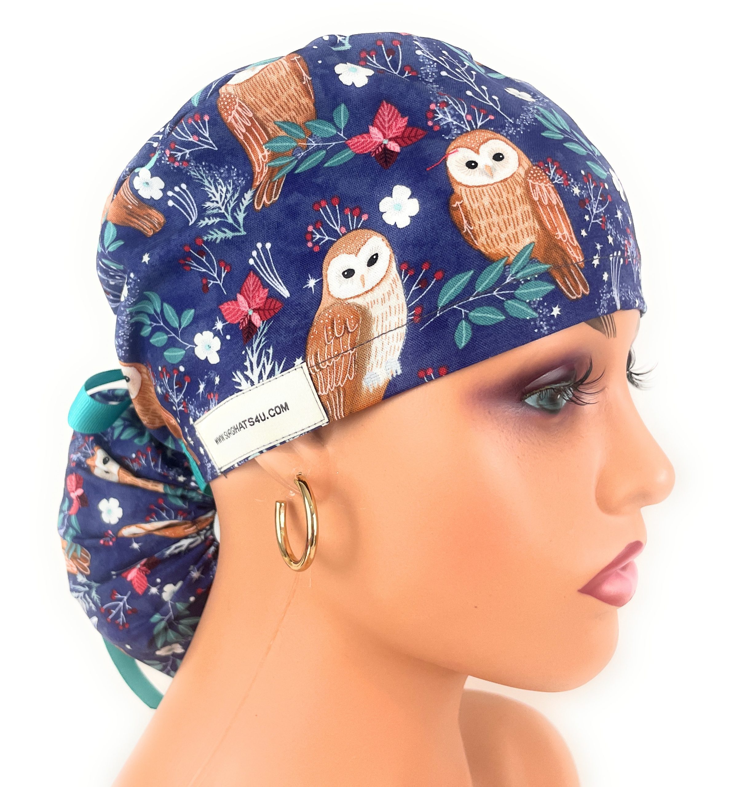 Ponytail Medical Scrub Cap - Navy Blue with Owl Pattern, Winter Forest Theme - Image 2