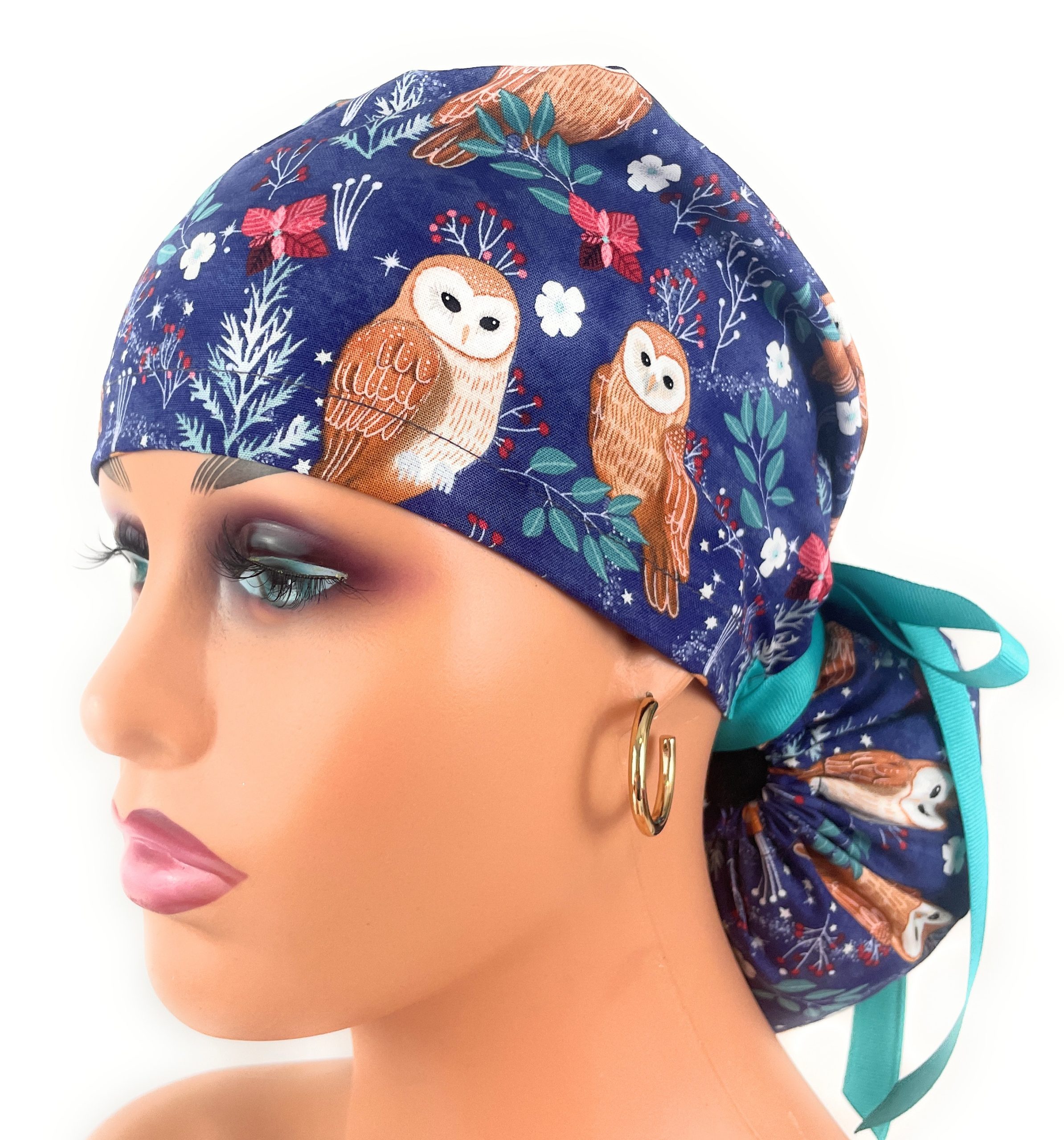 Ponytail Medical Scrub Cap - Navy Blue with Owl Pattern, Winter Forest Theme - Image 3