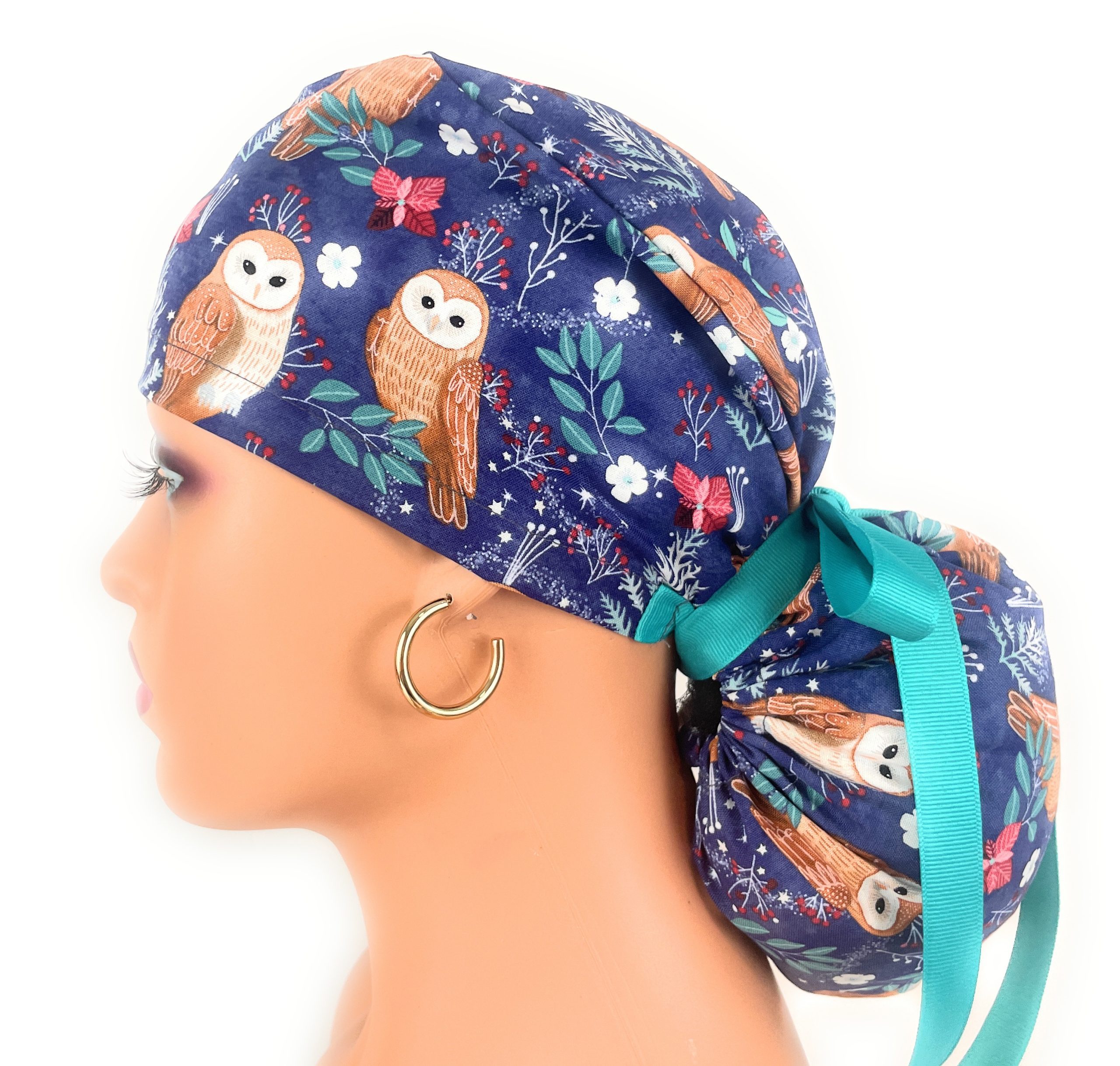 Ponytail Medical Scrub Cap - Navy Blue with Owl Pattern, Winter Forest Theme - Image 6
