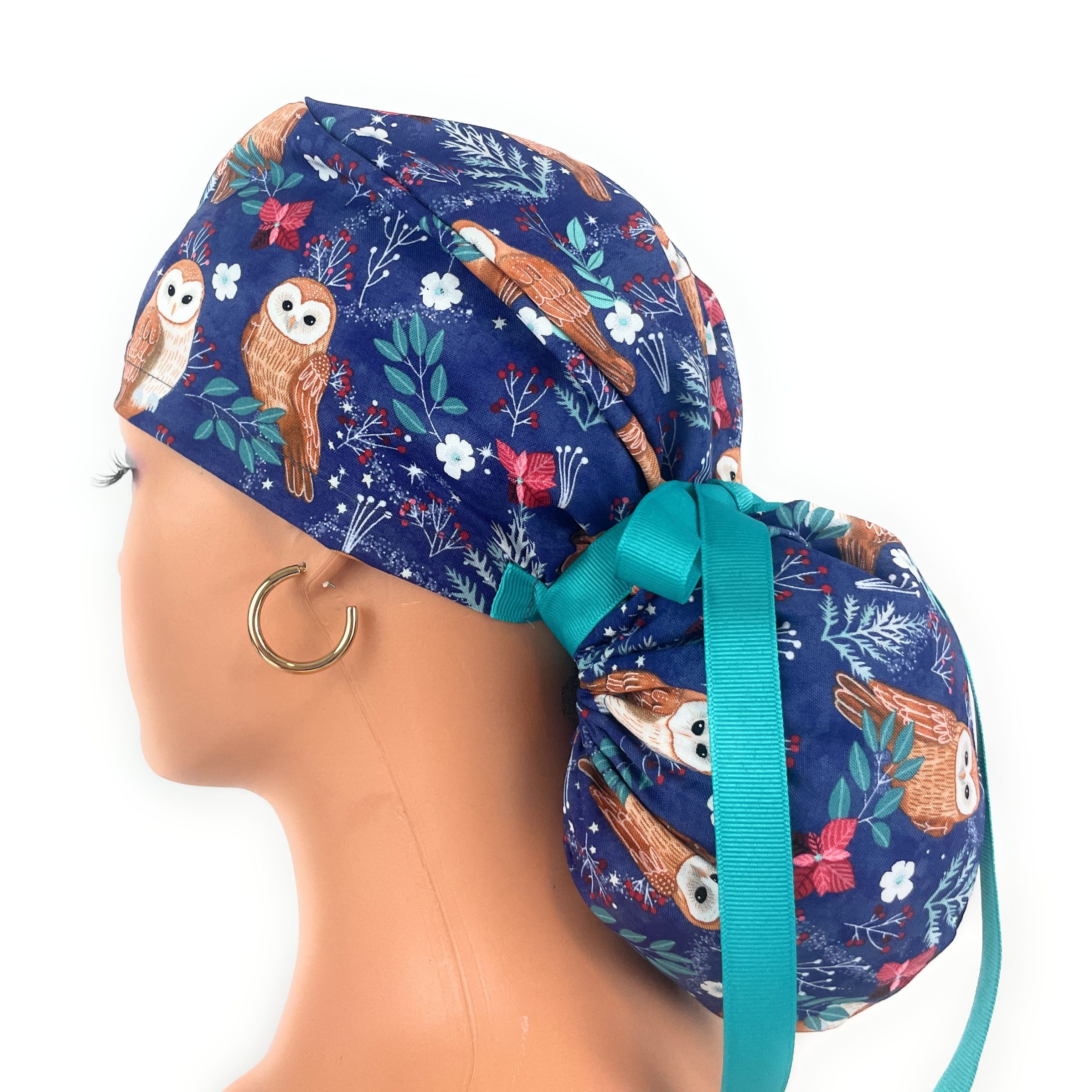 Ponytail Medical Scrub Cap - Navy Blue with Owl Pattern, Winter Forest Theme - Image 9