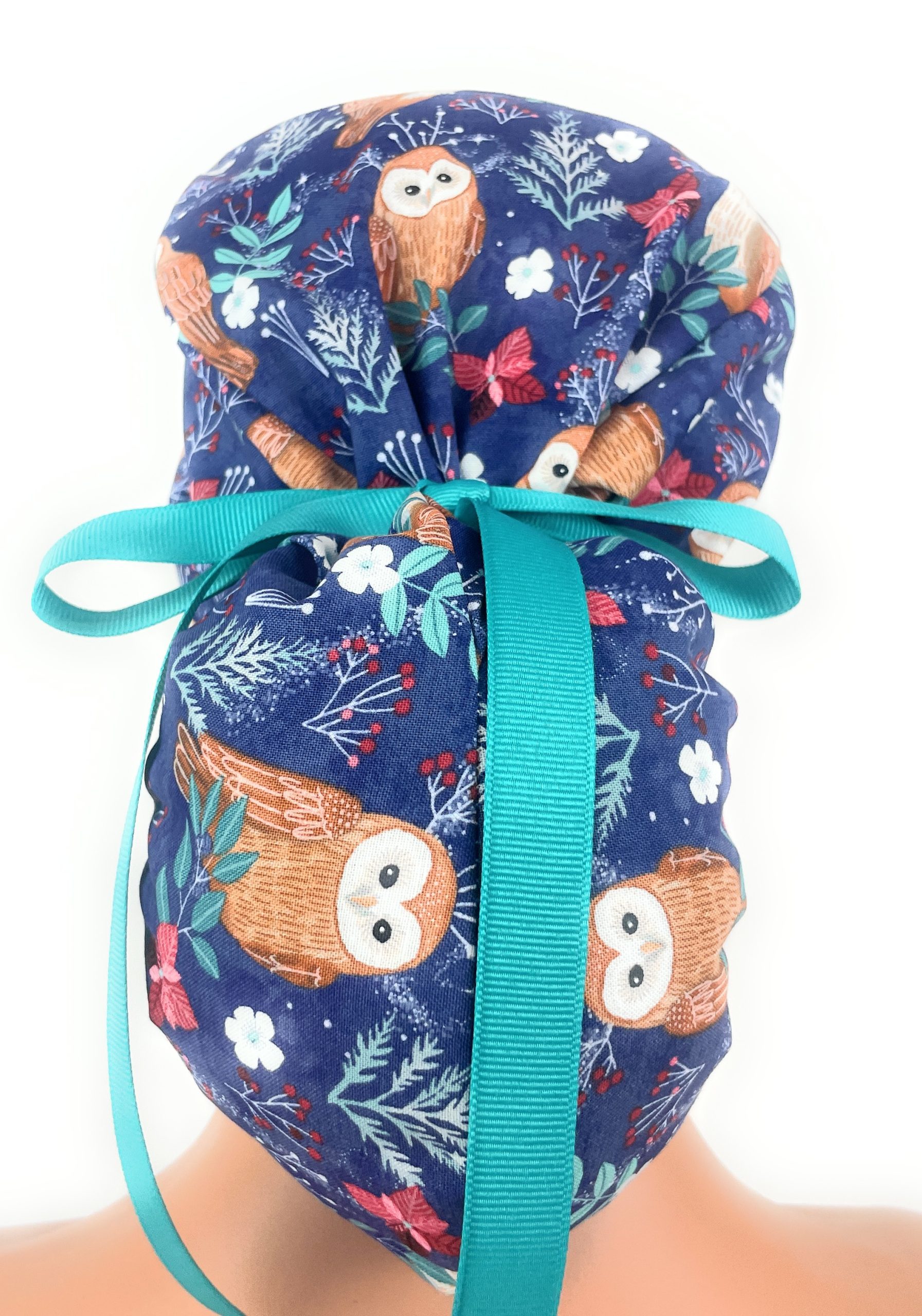Ponytail Medical Scrub Cap - Navy Blue with Owl Pattern, Winter Forest Theme - Image 8